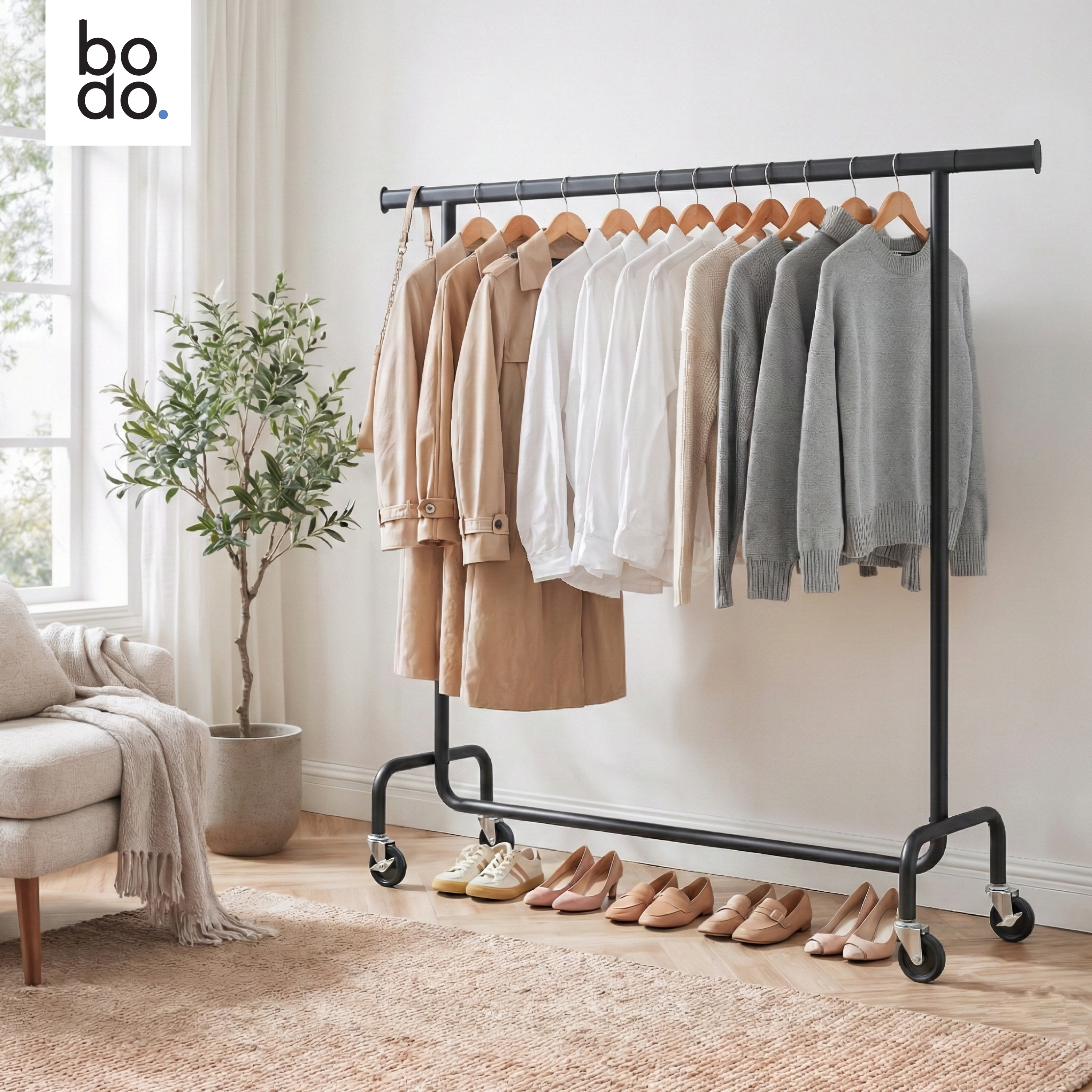 Kledingrek op Wieltjes - Stalen Kledingstang - 130 kg - Zwart