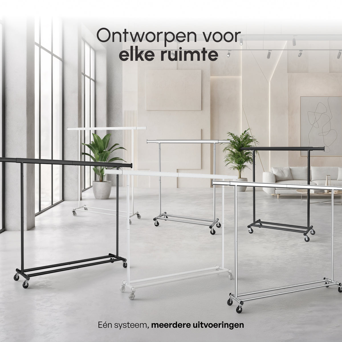 Kledingrek op Wieltjes - Opbergruimte - Extra Brede Kledingstang - Wit