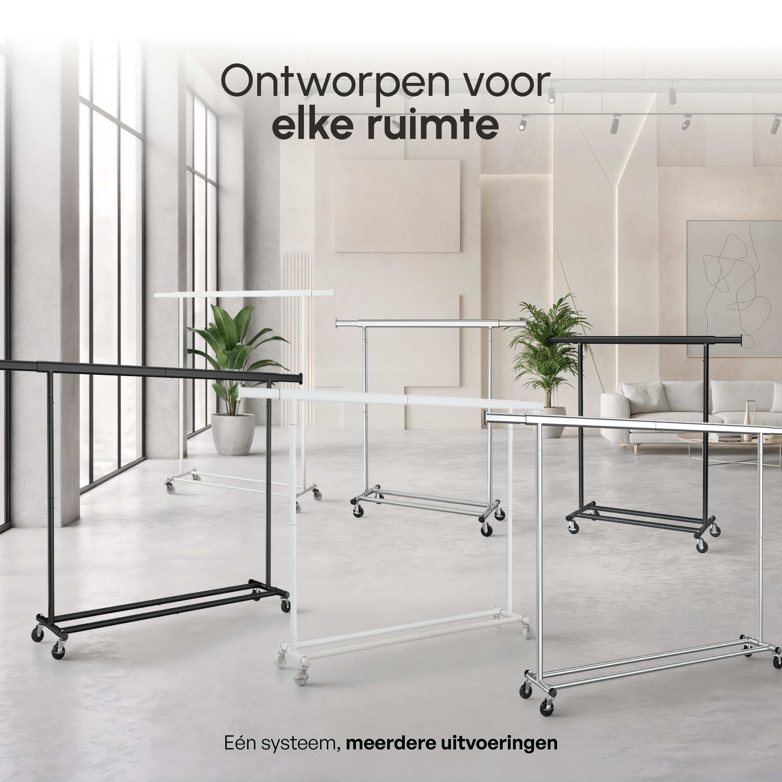 Kledingrek op Wieltjes - Opbergruimte - Extra Brede Kledingstang - Wit