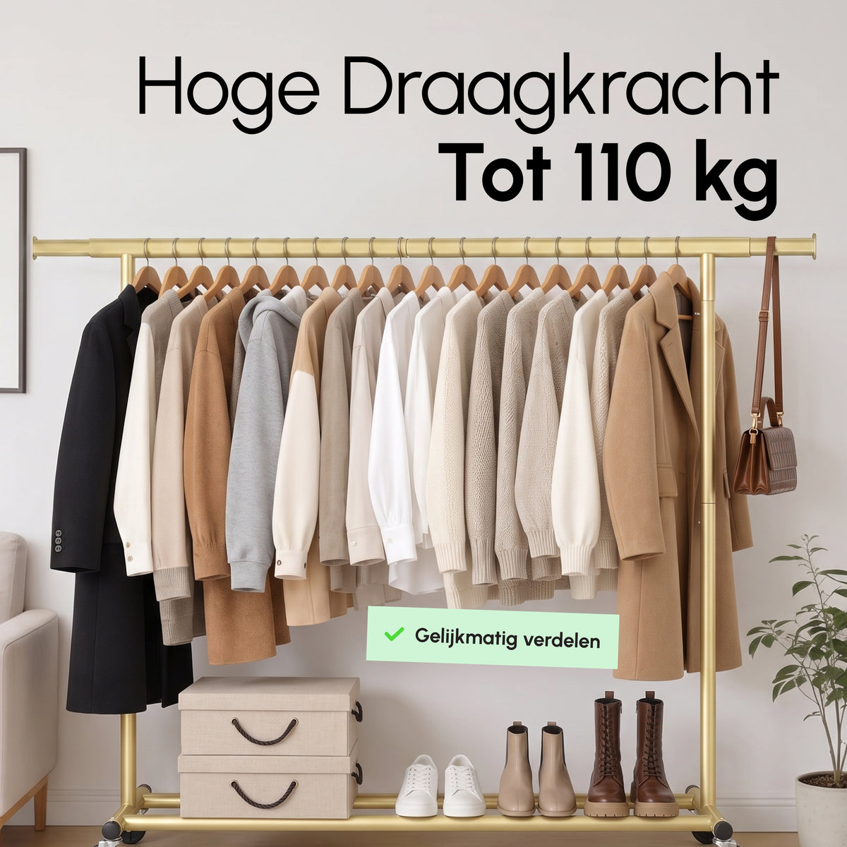 Kledingrek op Wieltjes - Opbergruimte - Extra Brede Kledingstang - Goud