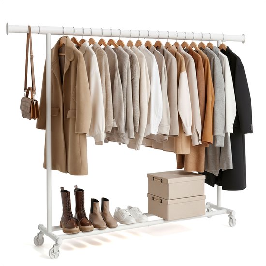 Kledingrek op Wieltjes - Opbergruimte - Extra Brede Kledingstang - Wit