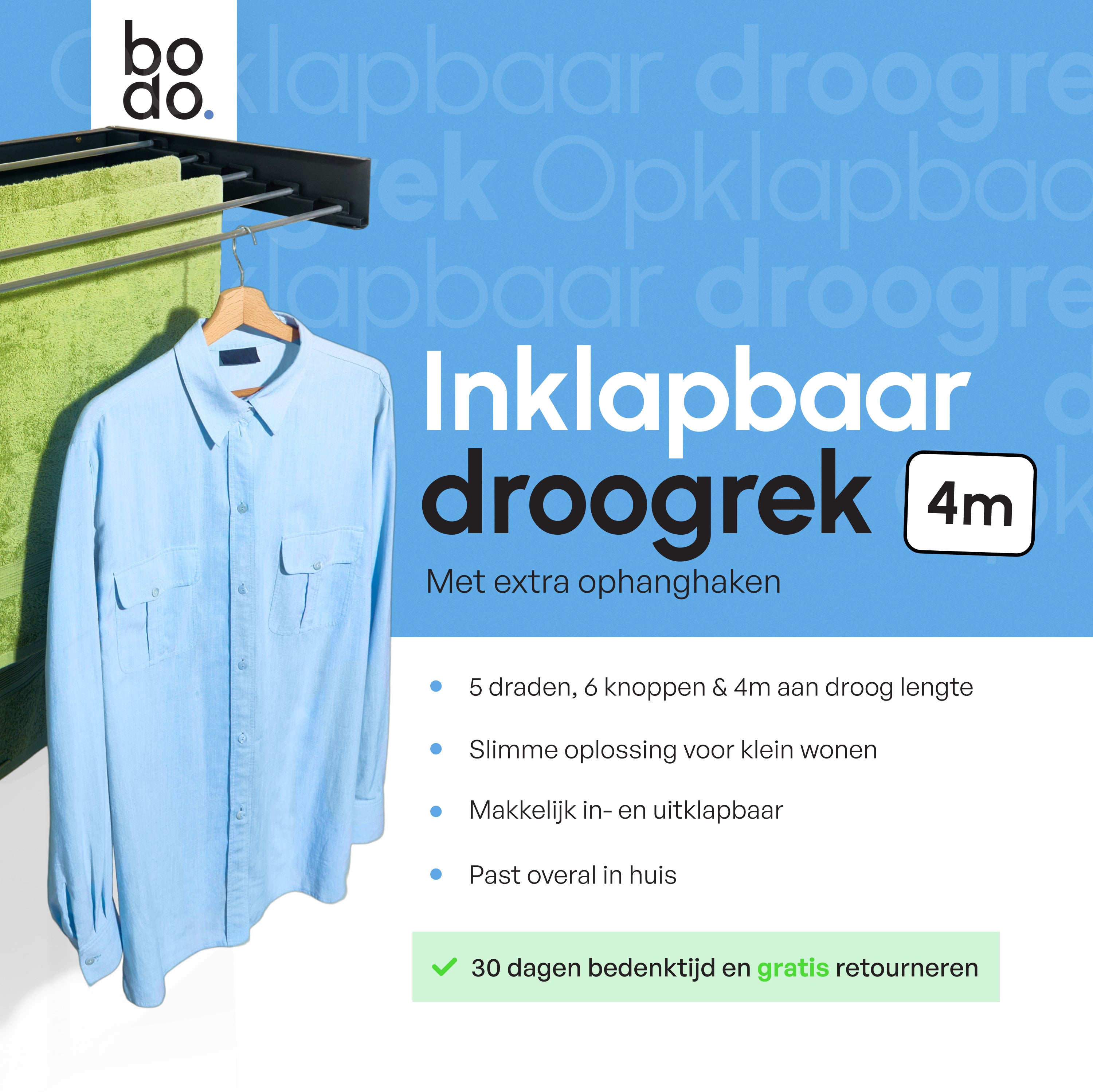 In - en uitklapbaar droogrek met Ophanghaken - Zwart - 80cm - 4m Drooglengte