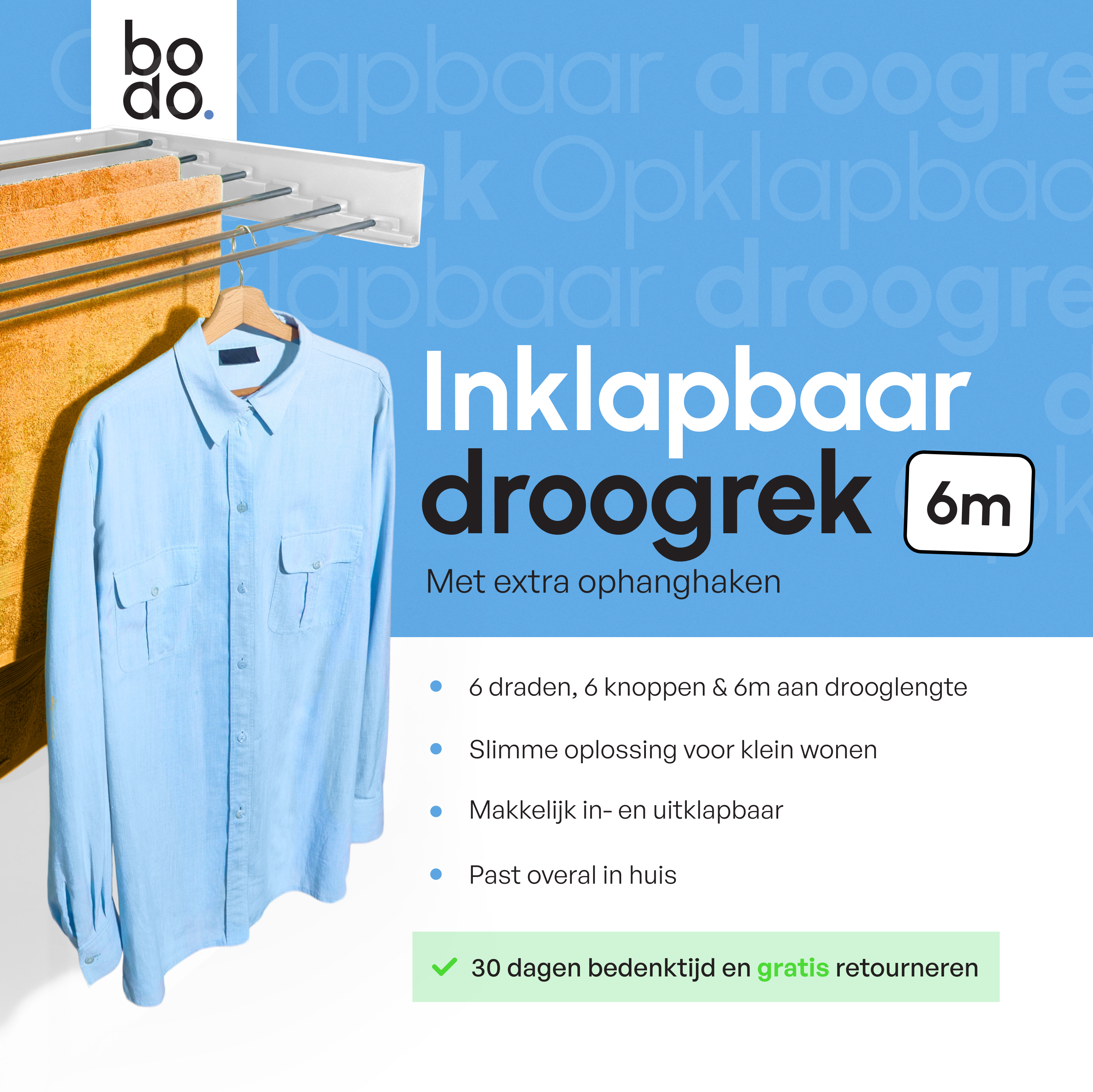 In - en uitklapbaar droogrek met Ophanghaken - Wit - 6m Drooglengte