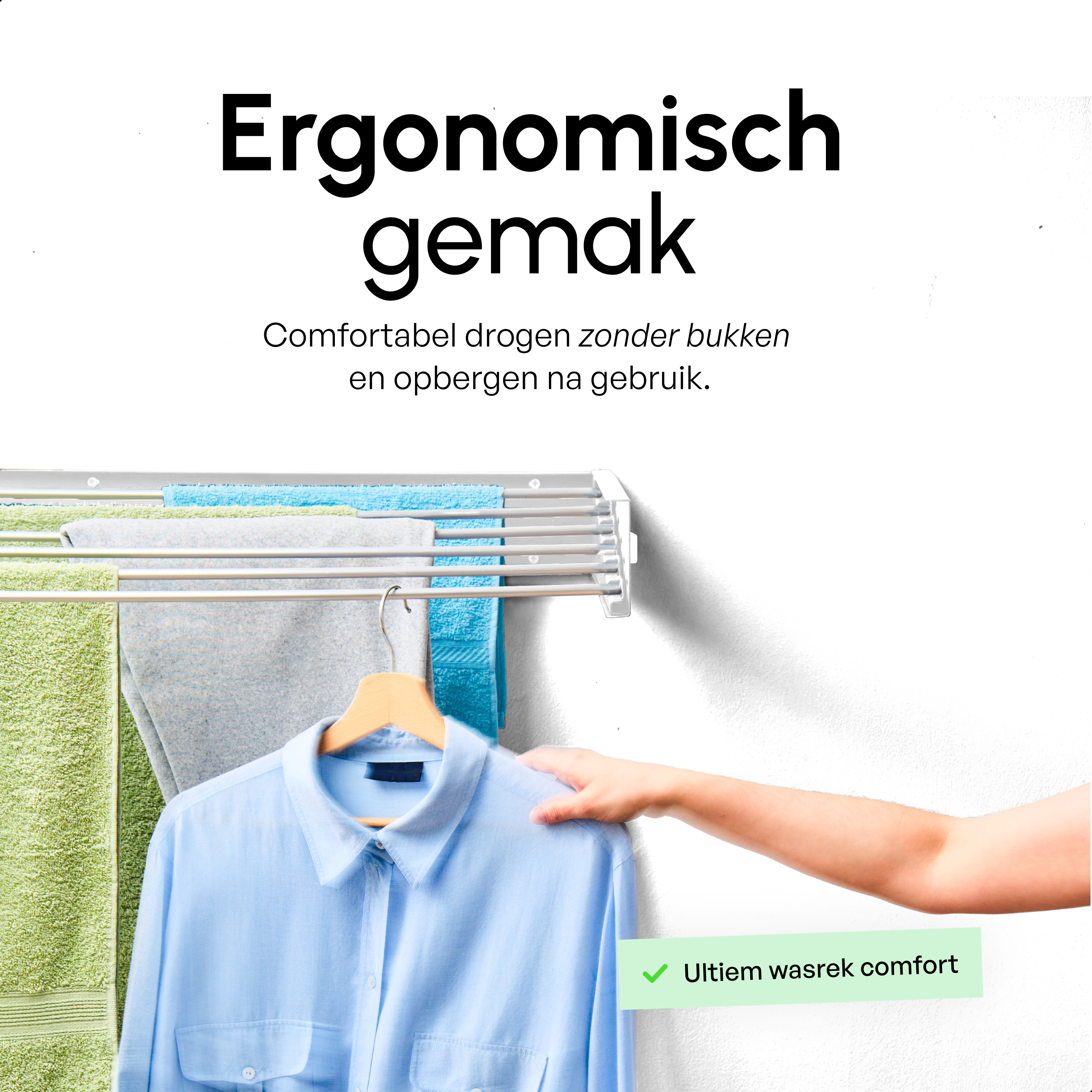 In - en uitklapbaar droogrek met Ophanghaken - Wit - 80cm - 4m Drooglengte