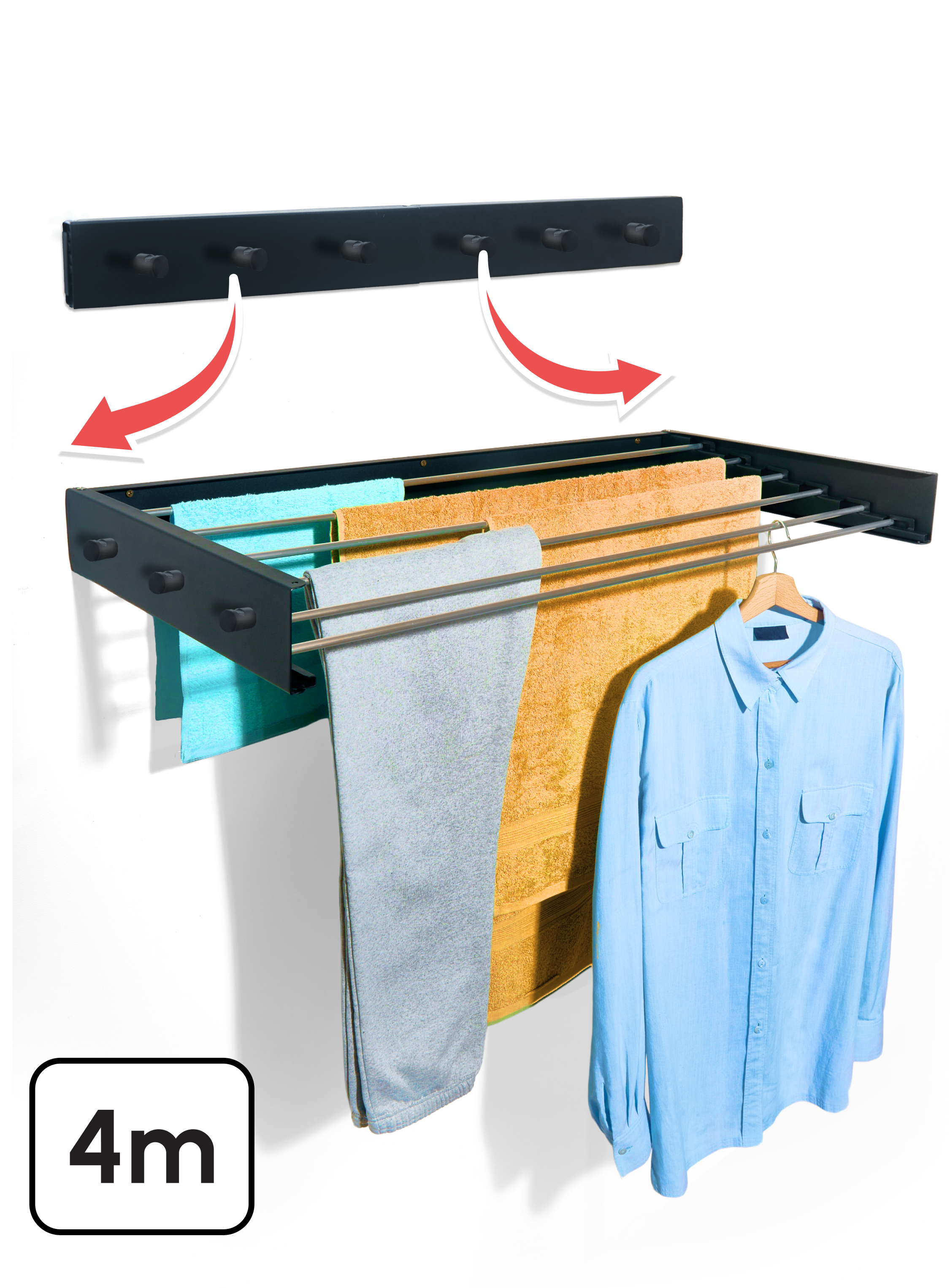 In - en uitklapbaar droogrek met Ophanghaken - Zwart - 80cm - 4m Drooglengte