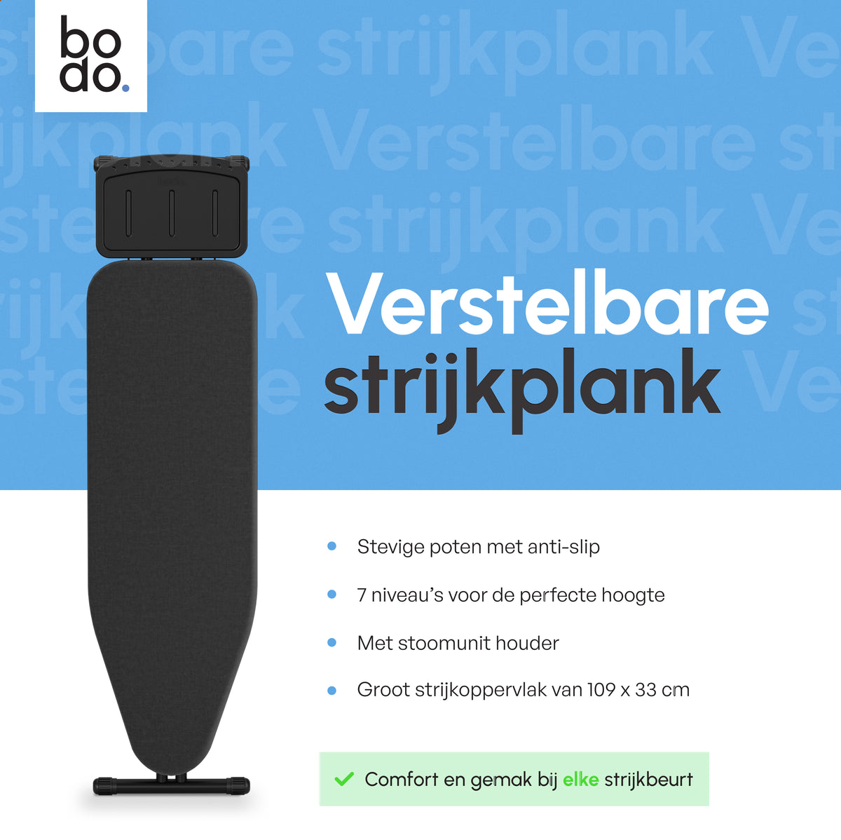 Strijkplank Smal - Verstelbaar - 109x33 cm - Ascend Slim - Zwart