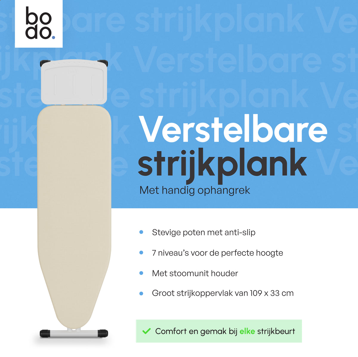 Strijkplank Smal - Verstelbaar - 109x33 cm - Ascend Slim - Crème