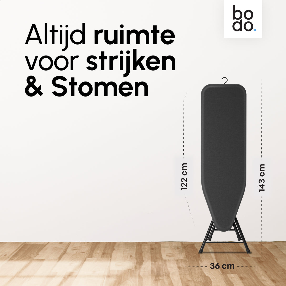 Strijkplank 135x46 cm - Verticaal Stomen - Ascend Flex - Zwart