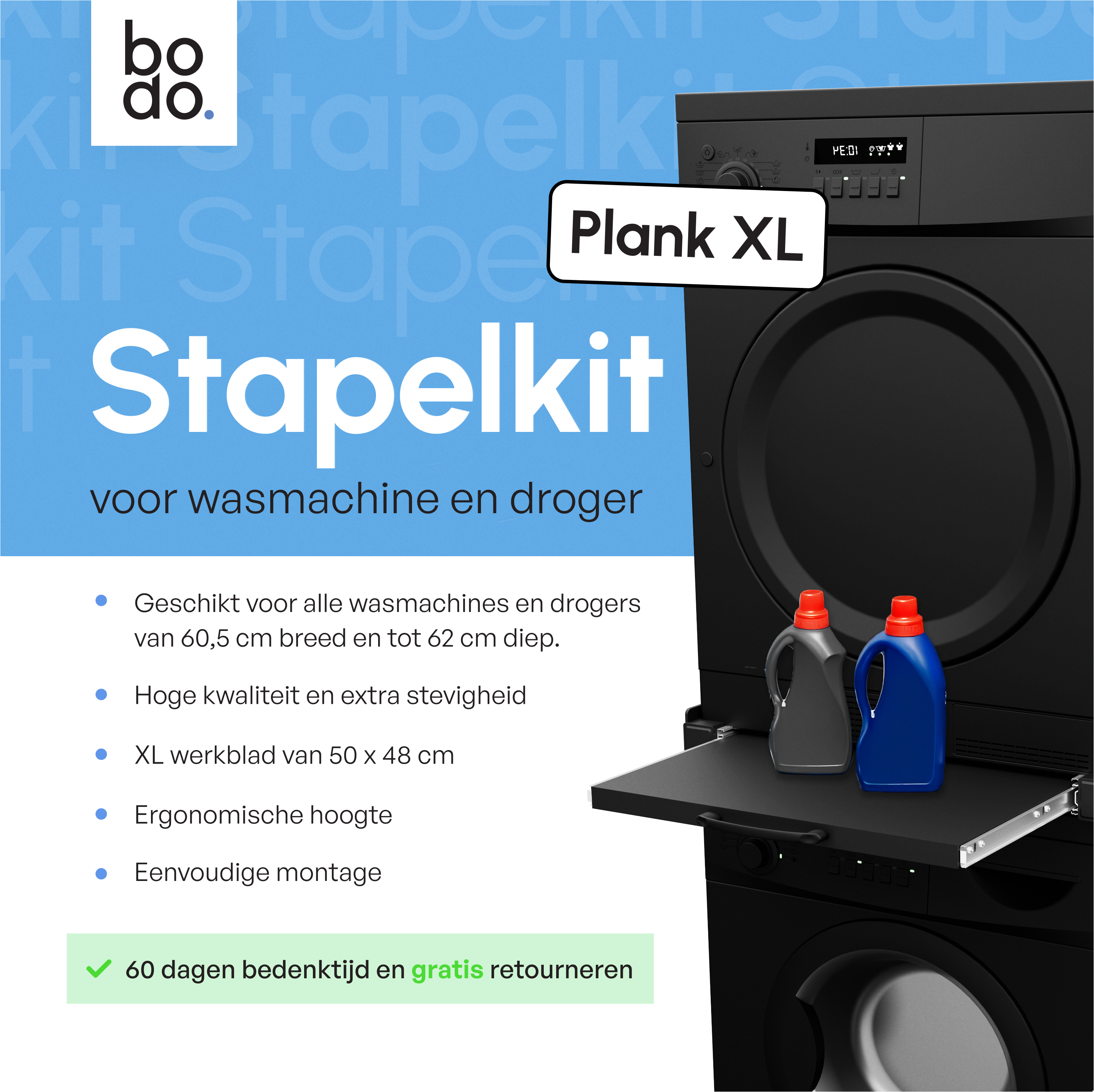 Stapelkit - Uitschuifbare plank - Wasmachine en Droger - Zwart
