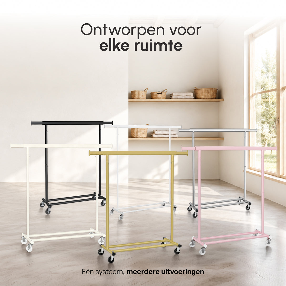 Kledingrek op Wieltjes - Stalen Kledingstang - Opbergruimte - Crème