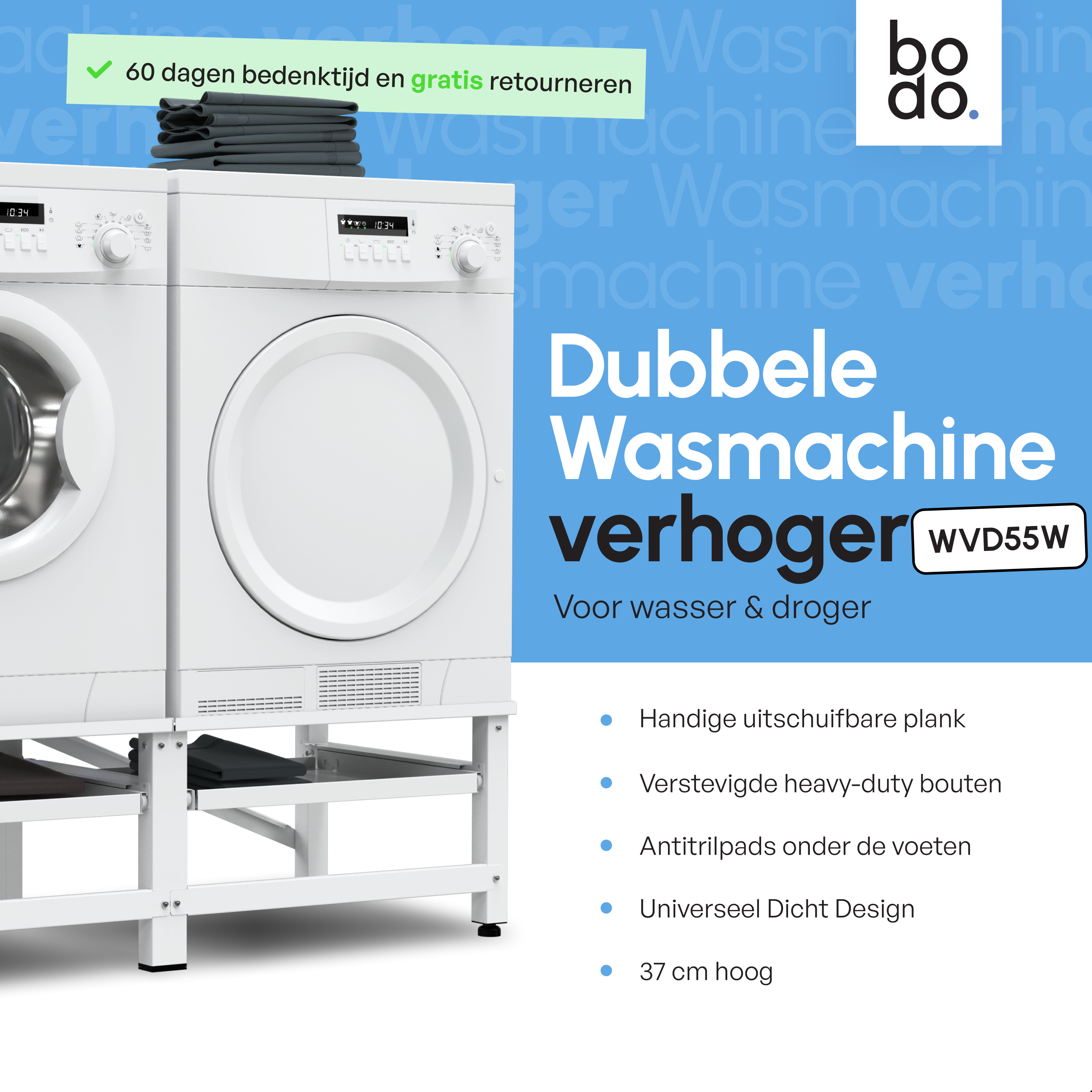 Wasmachine Verhoger - Dubbele Verhoger Met Uitschuifbare plank - Wit