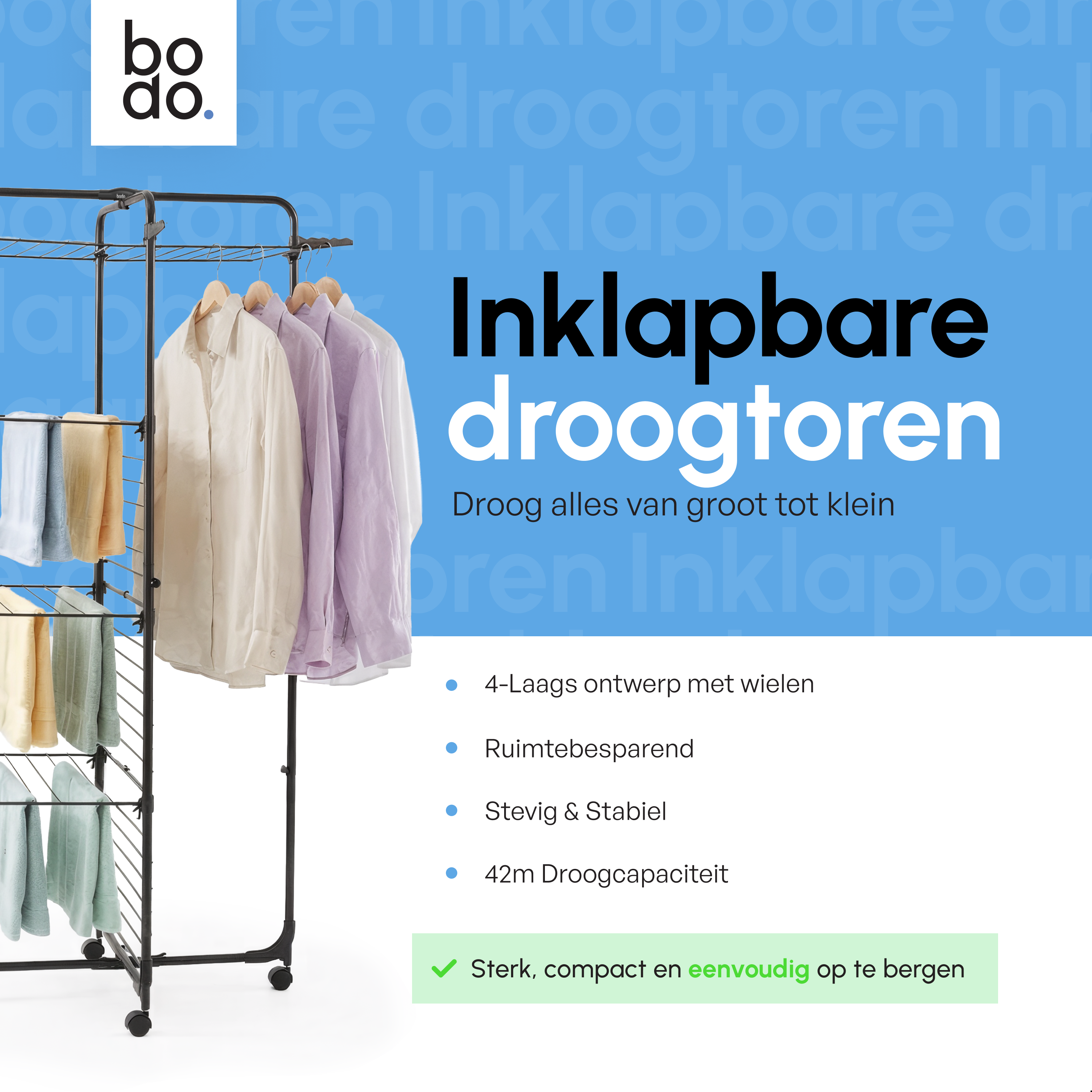 Droogtoren 42m - Droogrek inklapbaar 4 lagen met wielen - Zwart