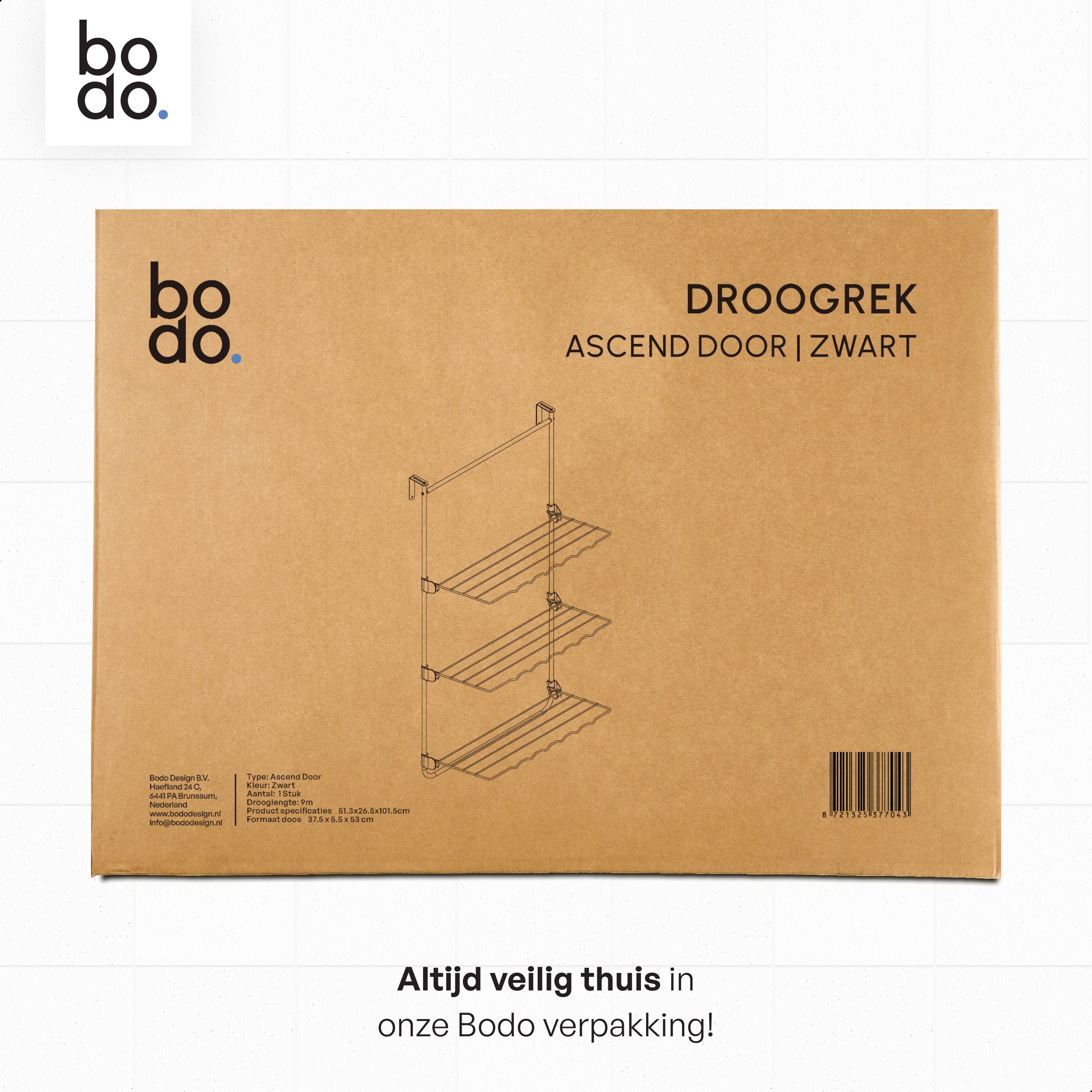 Droogrek Hangend - 10m - Ophangbaar aan Deur of Wand - Zwart