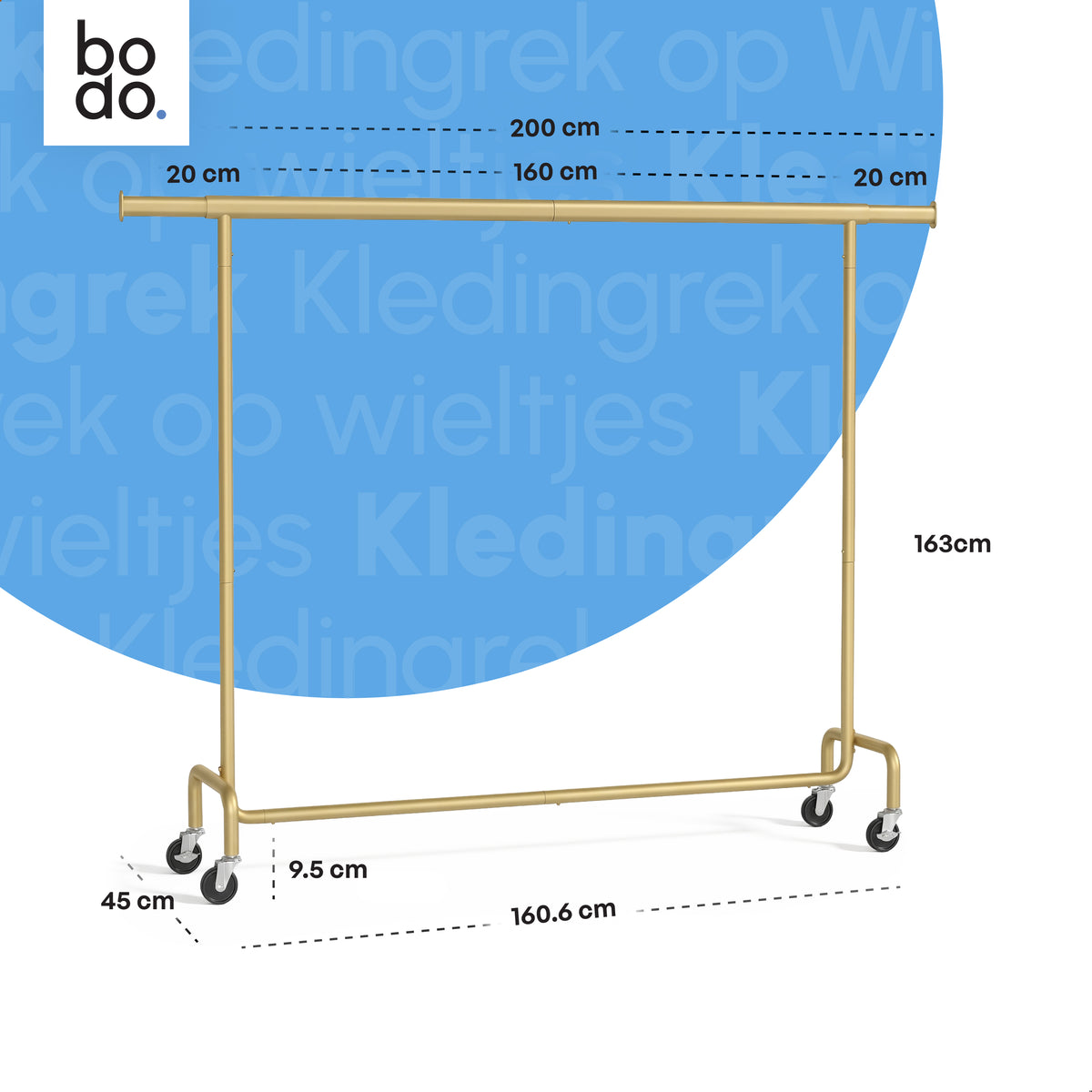 Kledingrek op Wieltjes - Extra Breed - Stalen Kledingstang - Goud