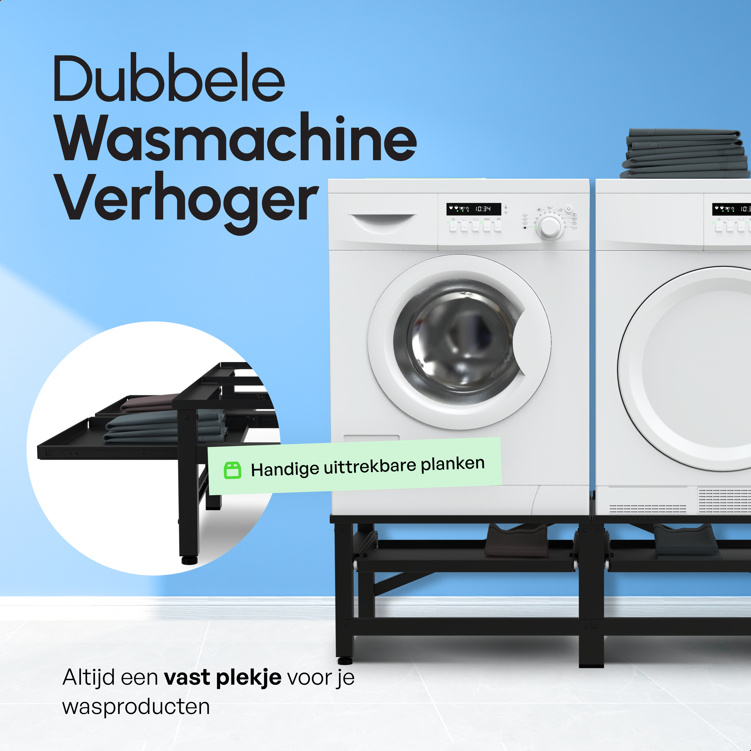 Wasmachine Verhoger - Dubbele Verhoger Met Uitschuifbare plank - Zwart