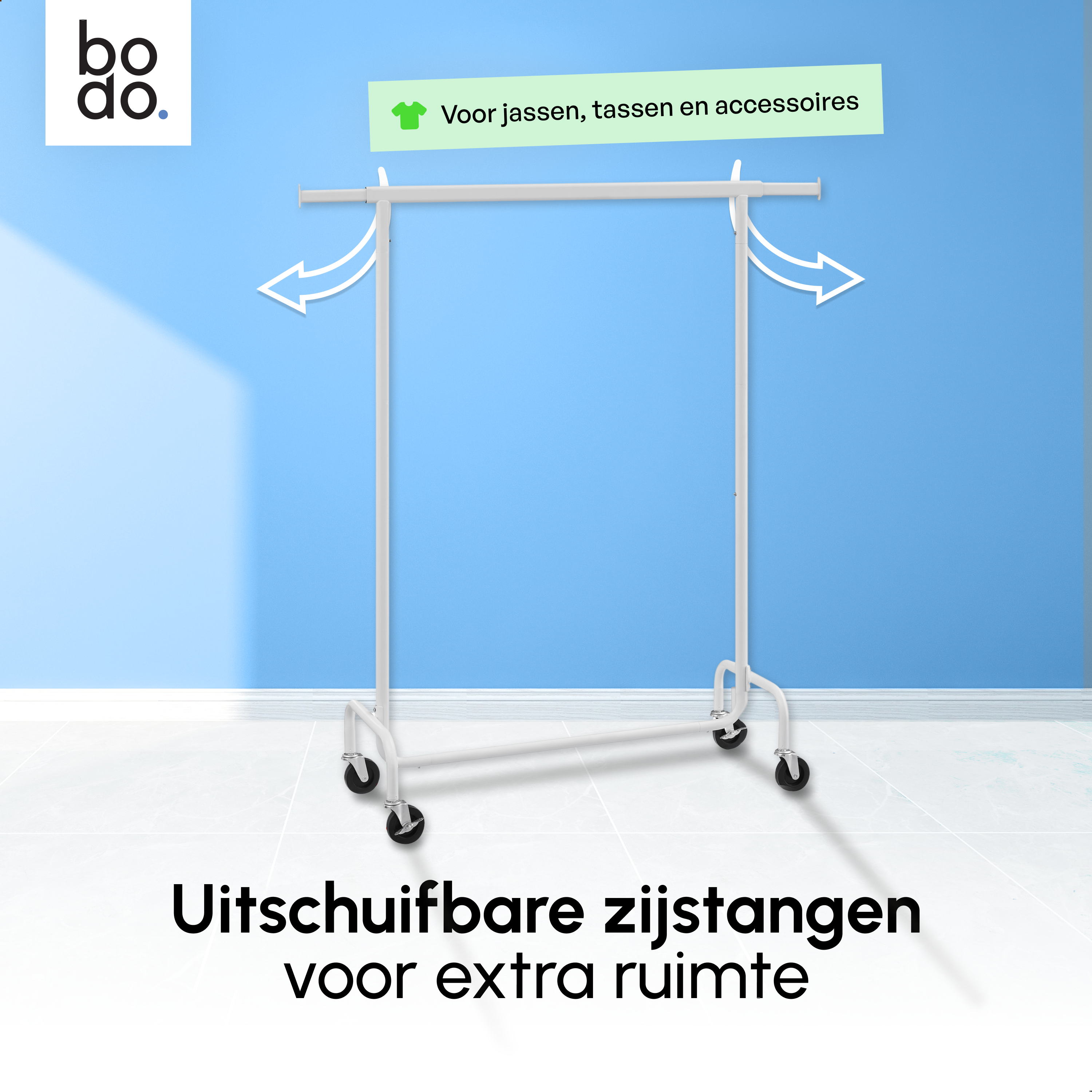 Kledingrek op Wieltjes - Stalen Kledingstang - 130 kg - Wit