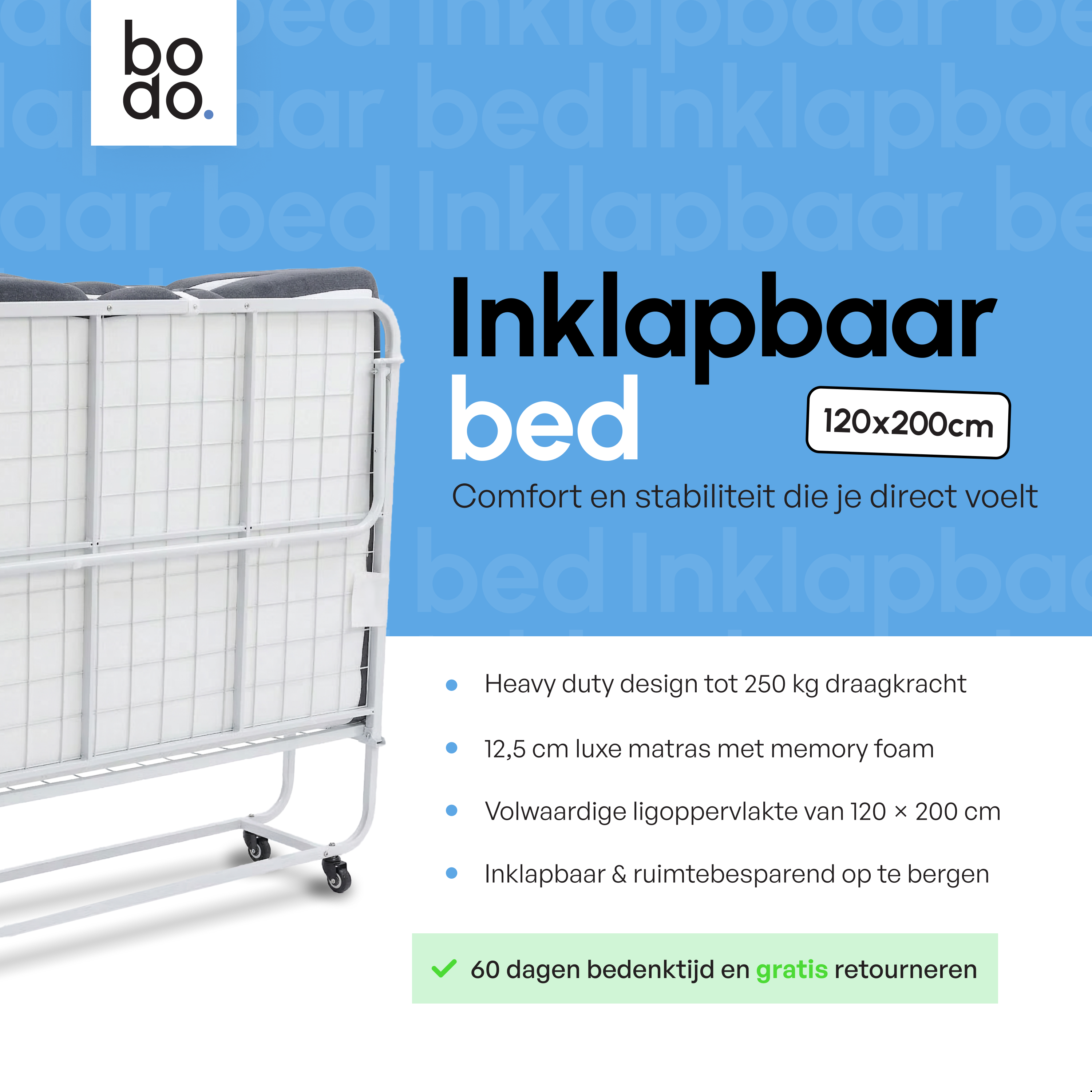 Logeerbed 120×200 met Matras - Vouwbed - Luxe - tot 250 kg - Wit
