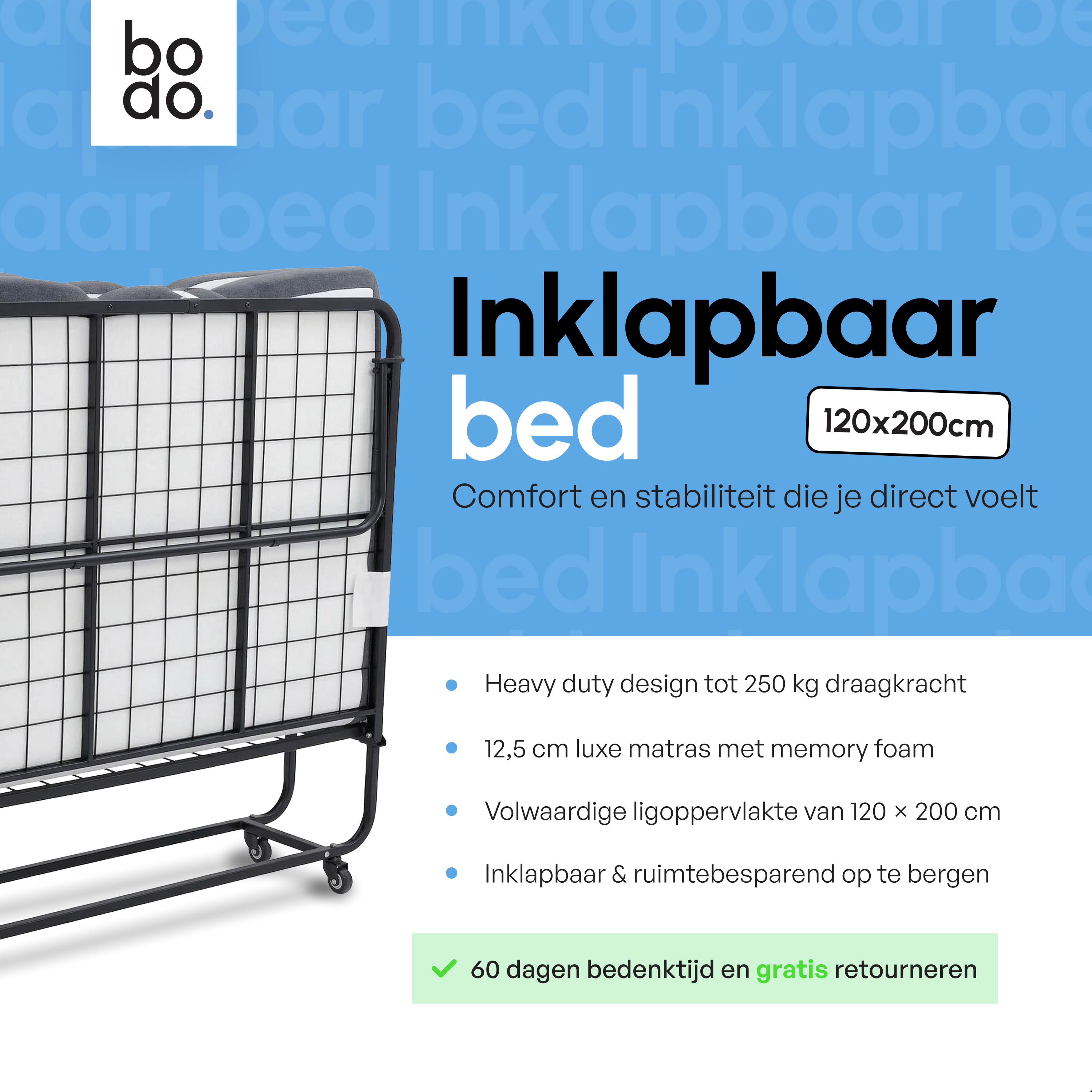Logeerbed 120×200 met Matras - Vouwbed - Luxe - Tot 250 kg - Zwart