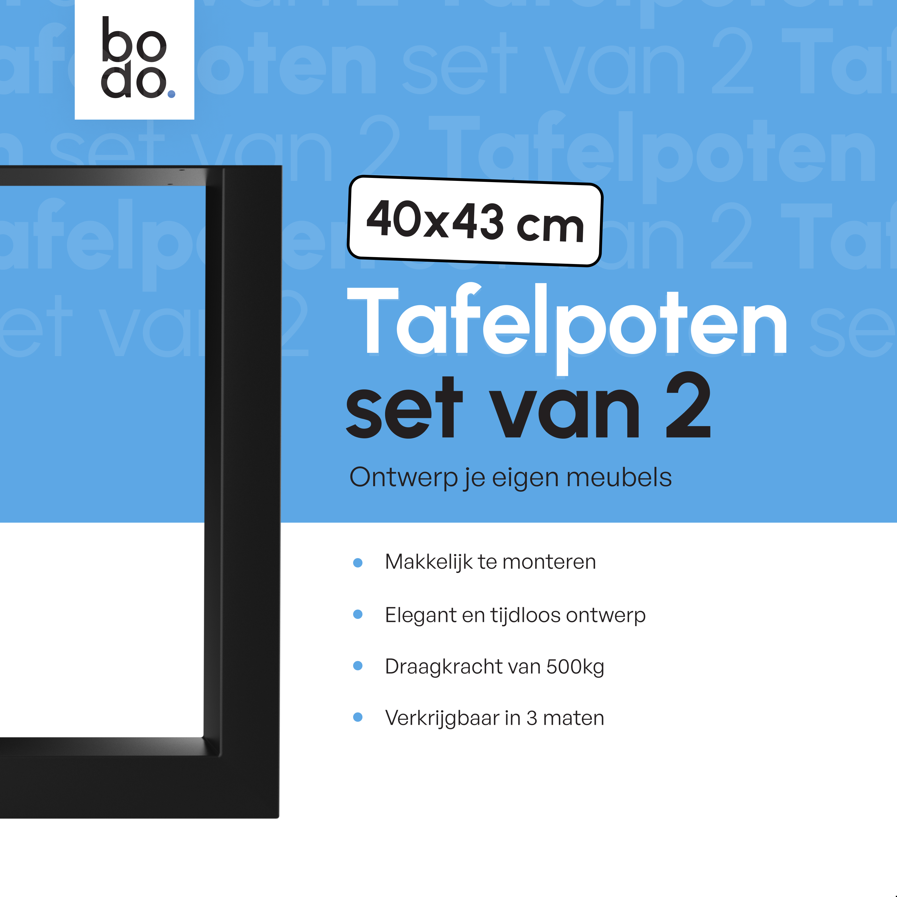 Stalen Onderstel Tafel - Tafelpoten - Set van 2 - U bankpoot 40x43 cm - Mat Zwart