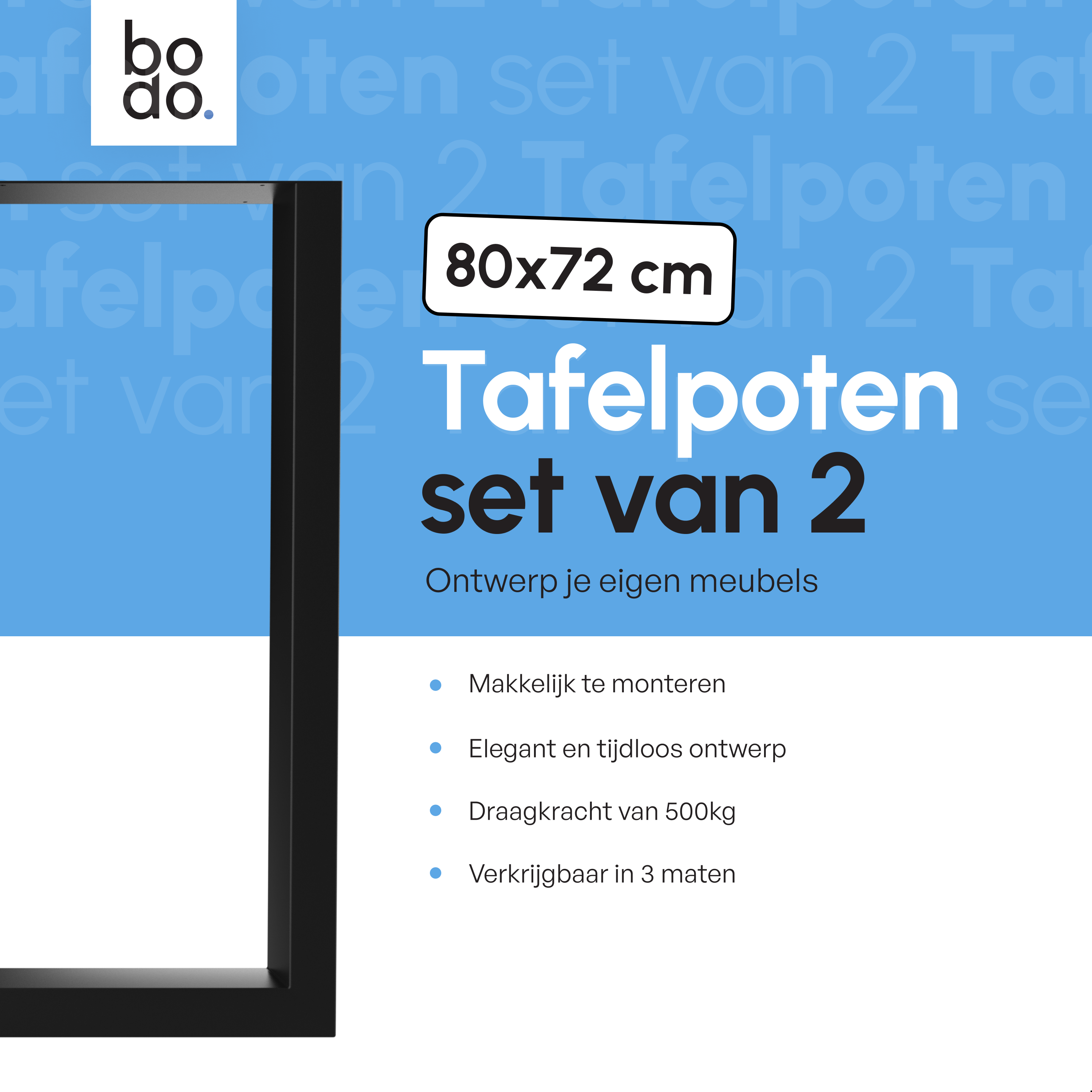 Stalen Onderstel Tafel - Tafelpoten - Set van 2 - U bankpoot 80x72 cm - Mat Zwart