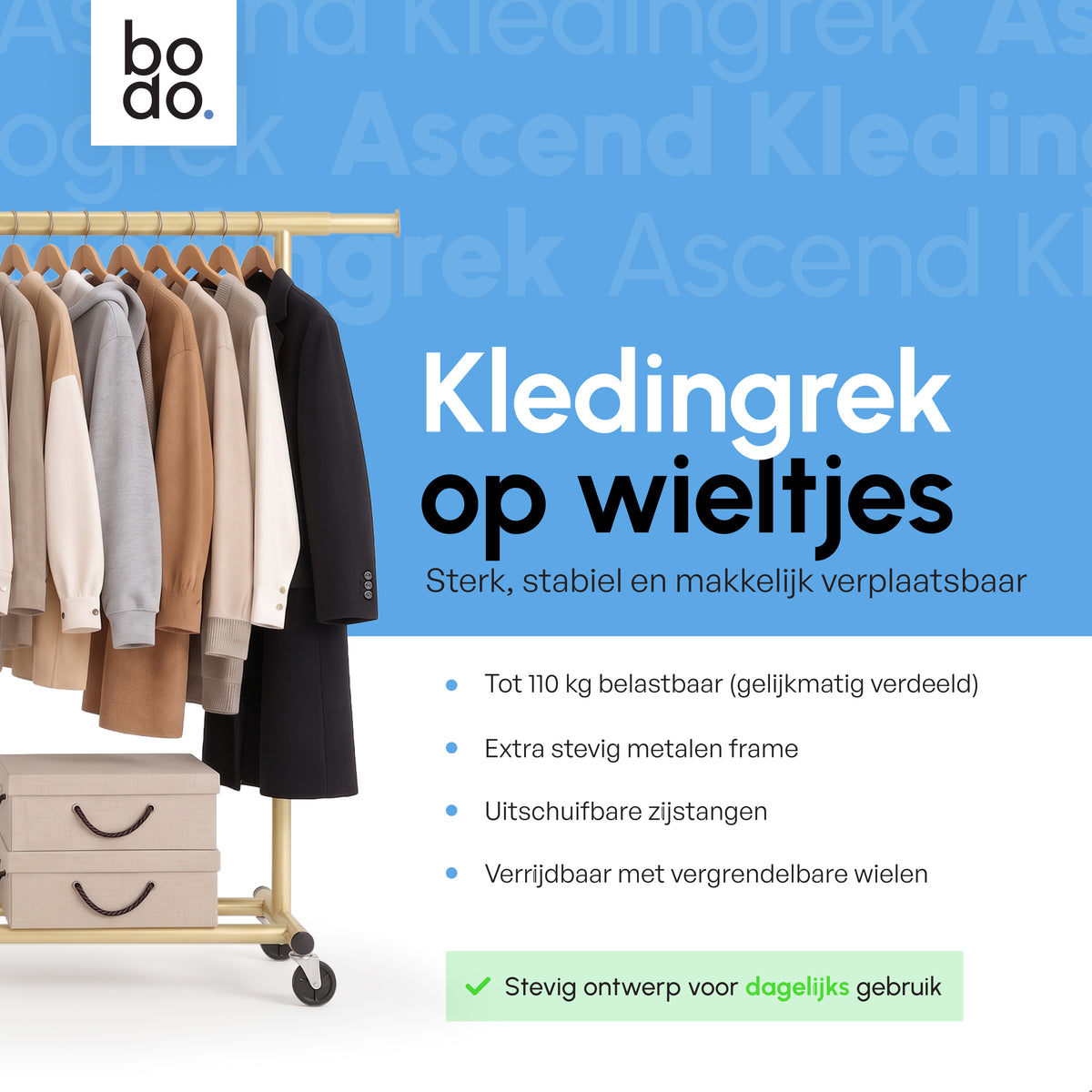 Kledingrek op Wieltjes - Opbergruimte - Extra Brede Kledingstang - Goud