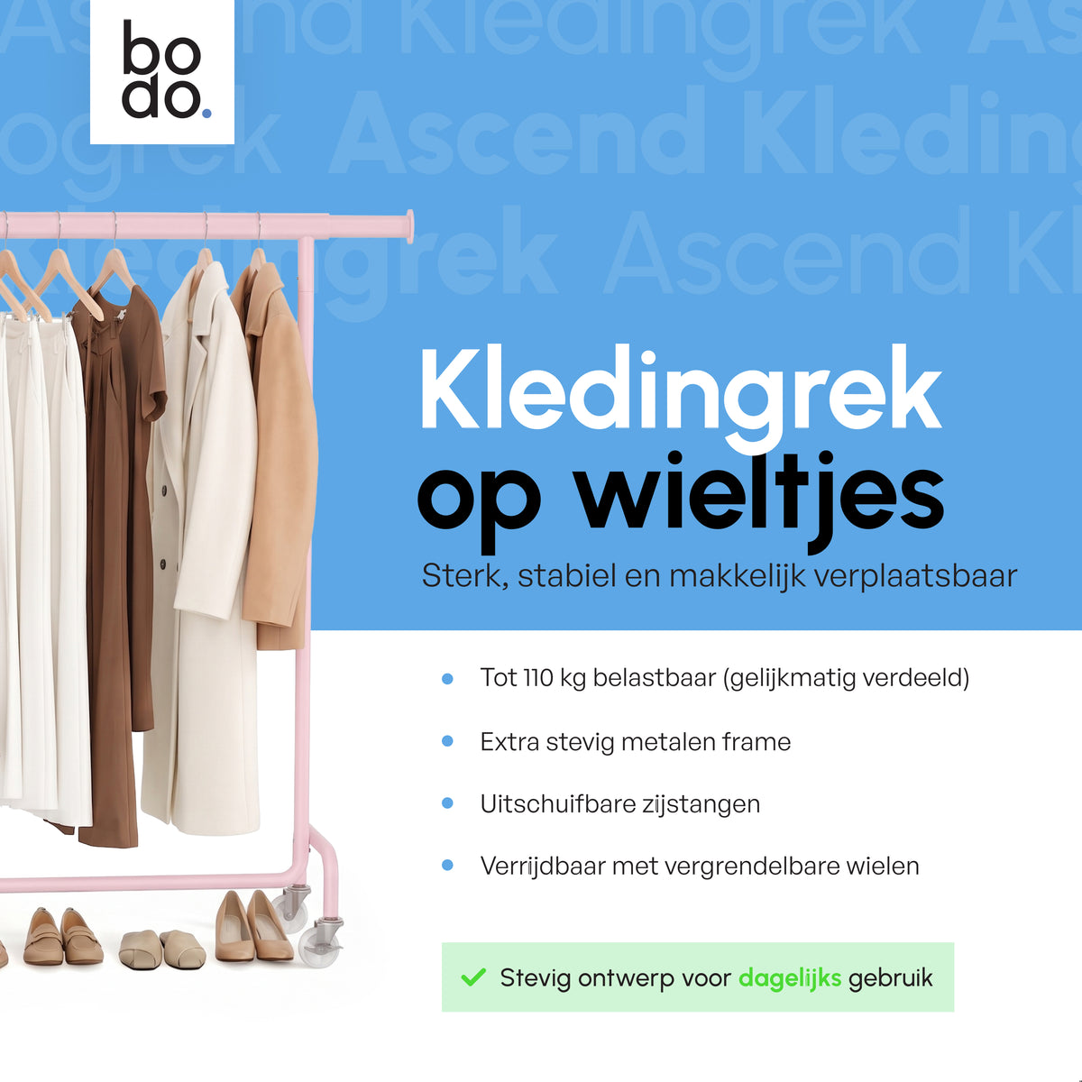 Kledingrek op Wieltjes - Stalen Kledingstang - 110 kg - Roze