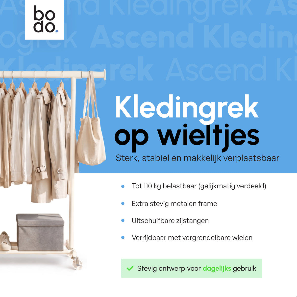 Kledingrek op Wieltjes - Stalen Kledingstang - Opbergruimte - Crème