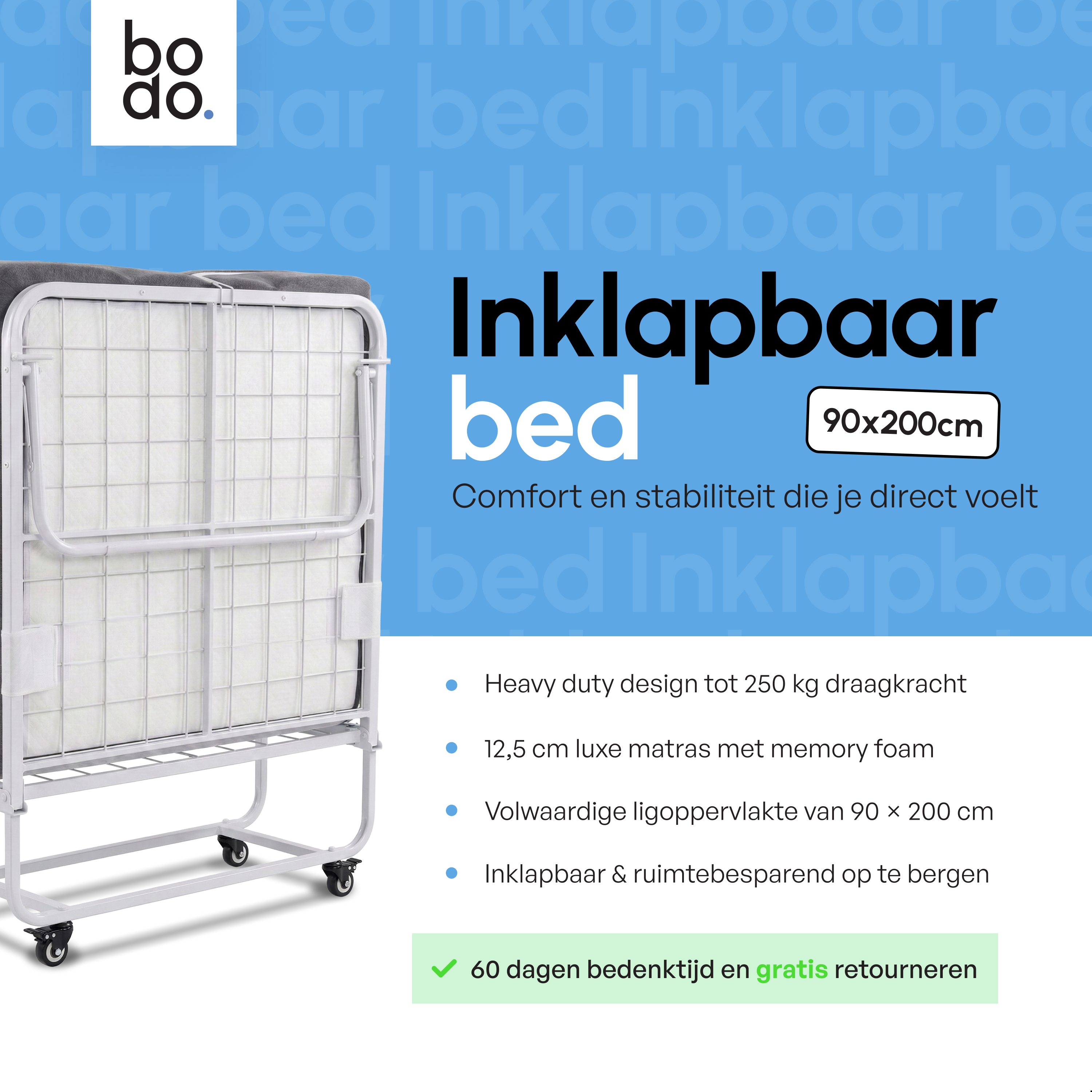 Logeerbed 90×200 met Matras - Vouwbed - Luxe - tot 250 kg - Wit