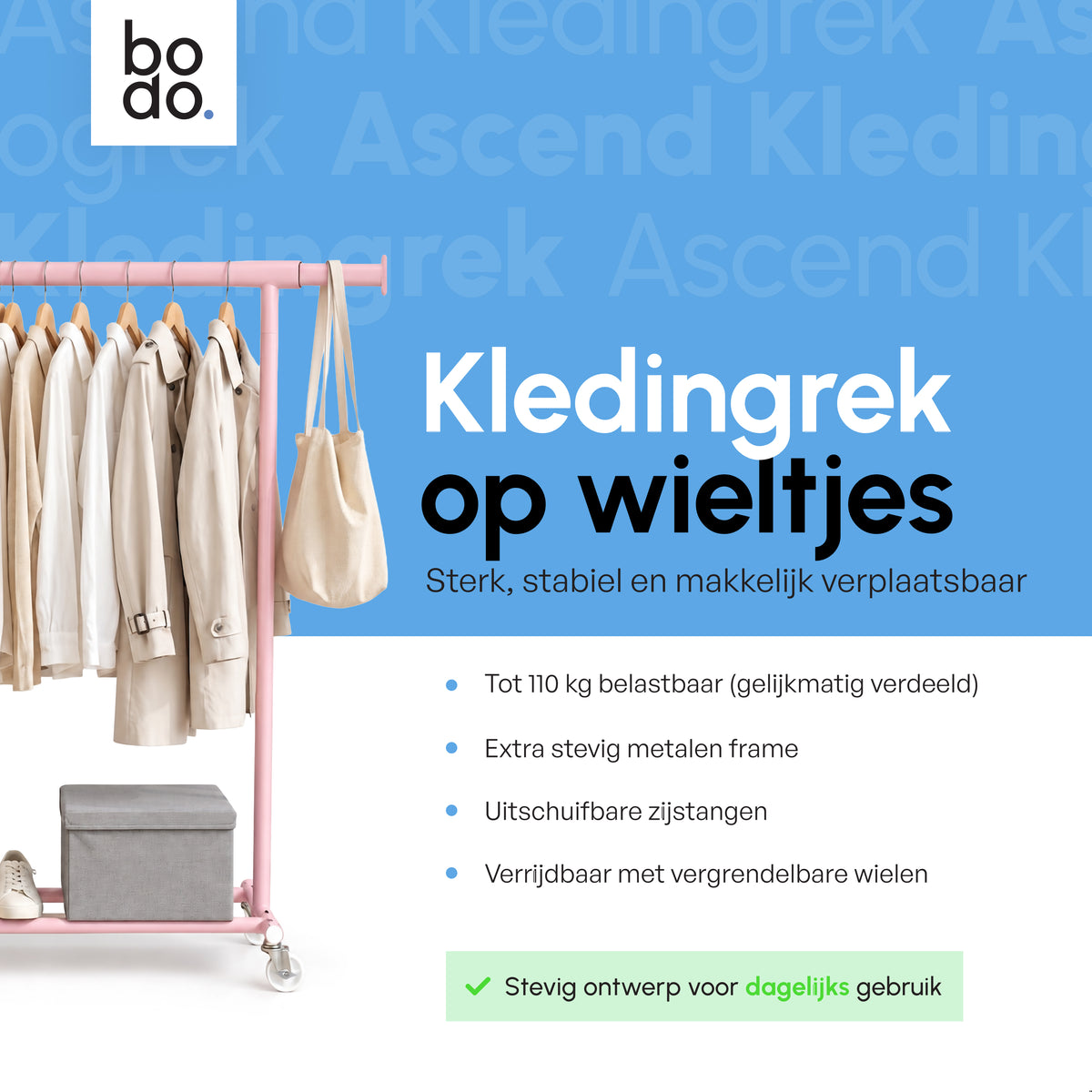 Kledingrek op Wieltjes - Stalen Kledingstang - Opbergruimte - Roze