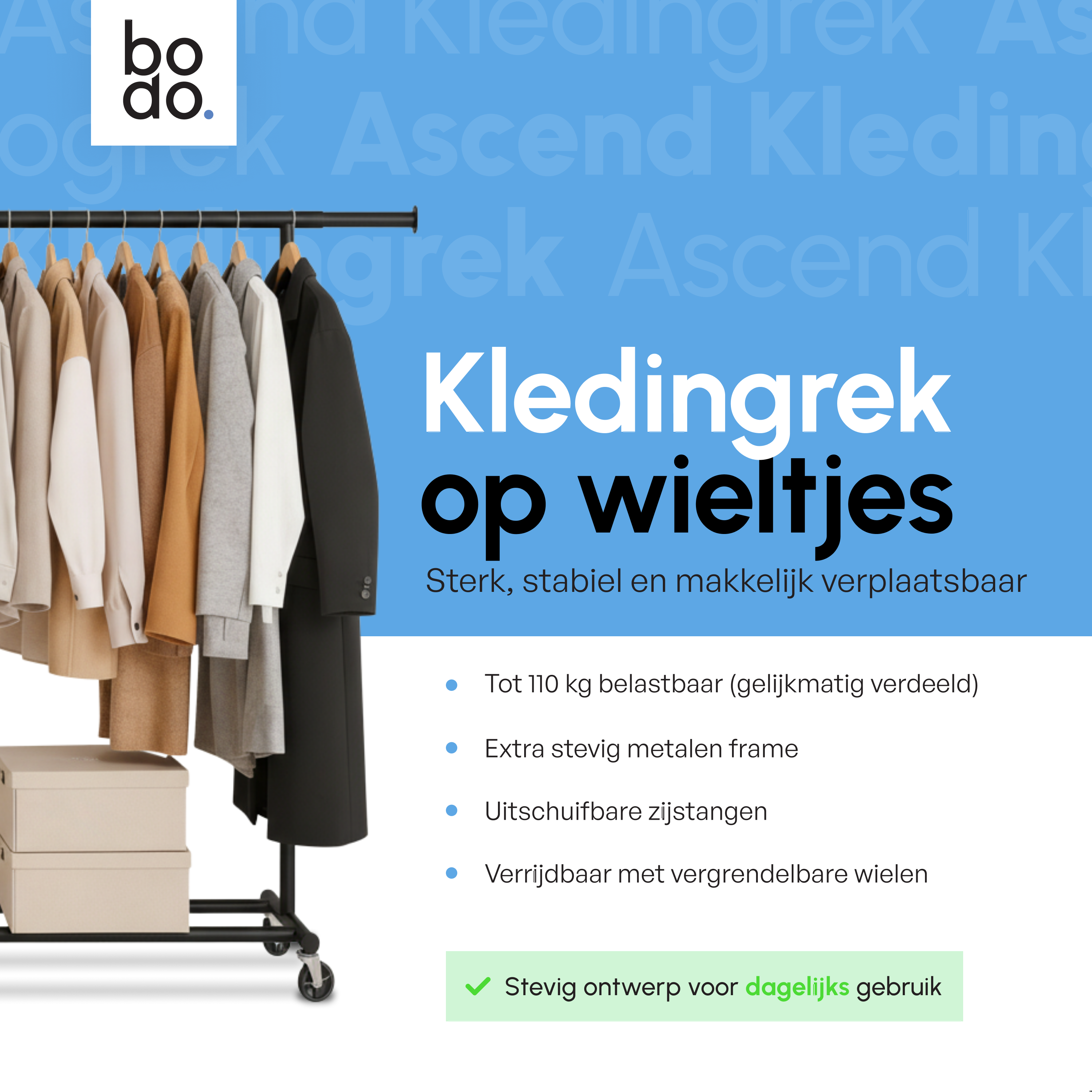 Kledingrek op Wieltjes - Stalen Kledingstang - Opbergruimte - Zwart