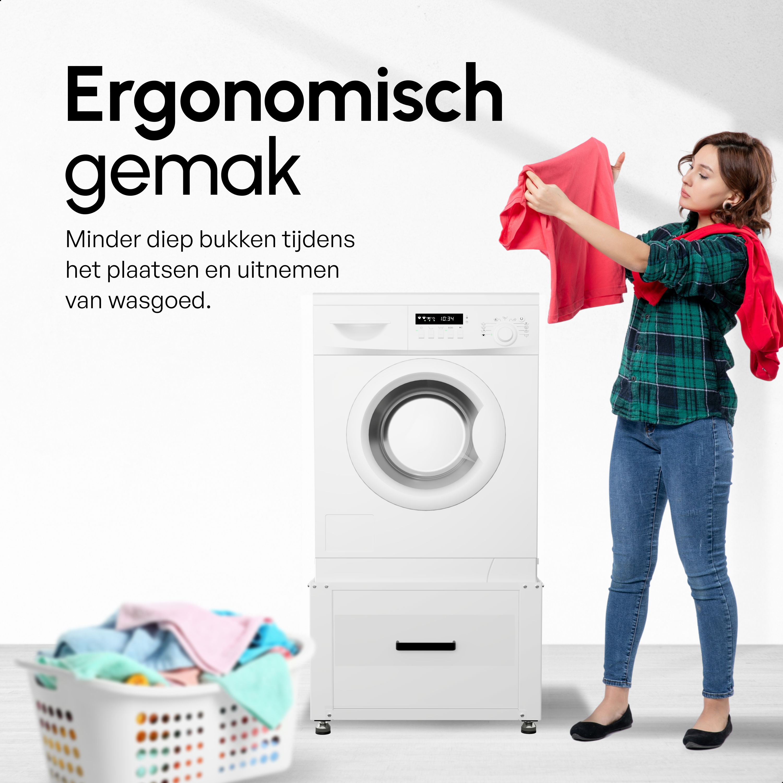 Wasmachine Verhoger met Opberglade - Wit - 61x58x48 cm
