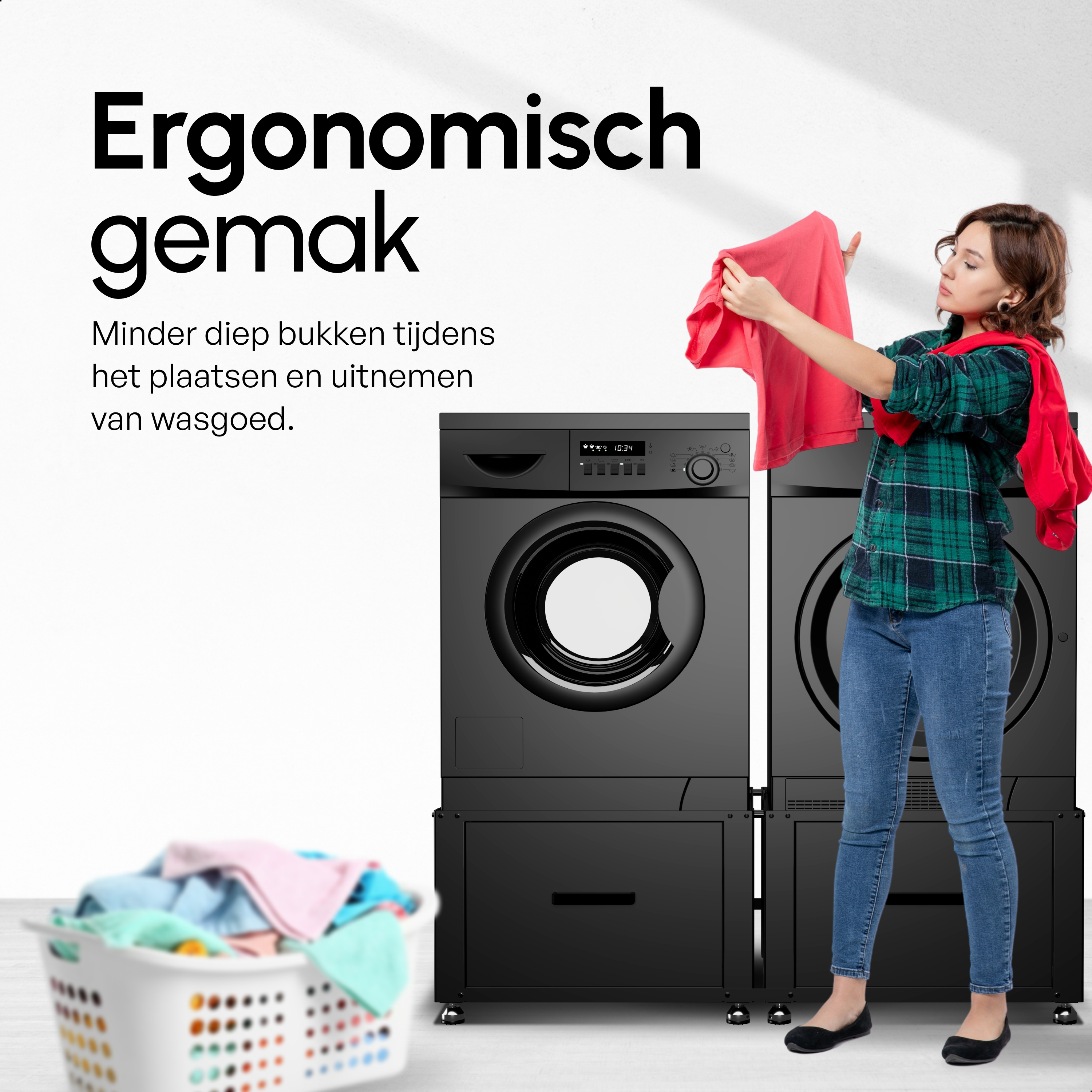 Wasmachine Verhoger - Dubbel - Kast - Ombouw met Lade - Zwart - 124x58x44-48cm