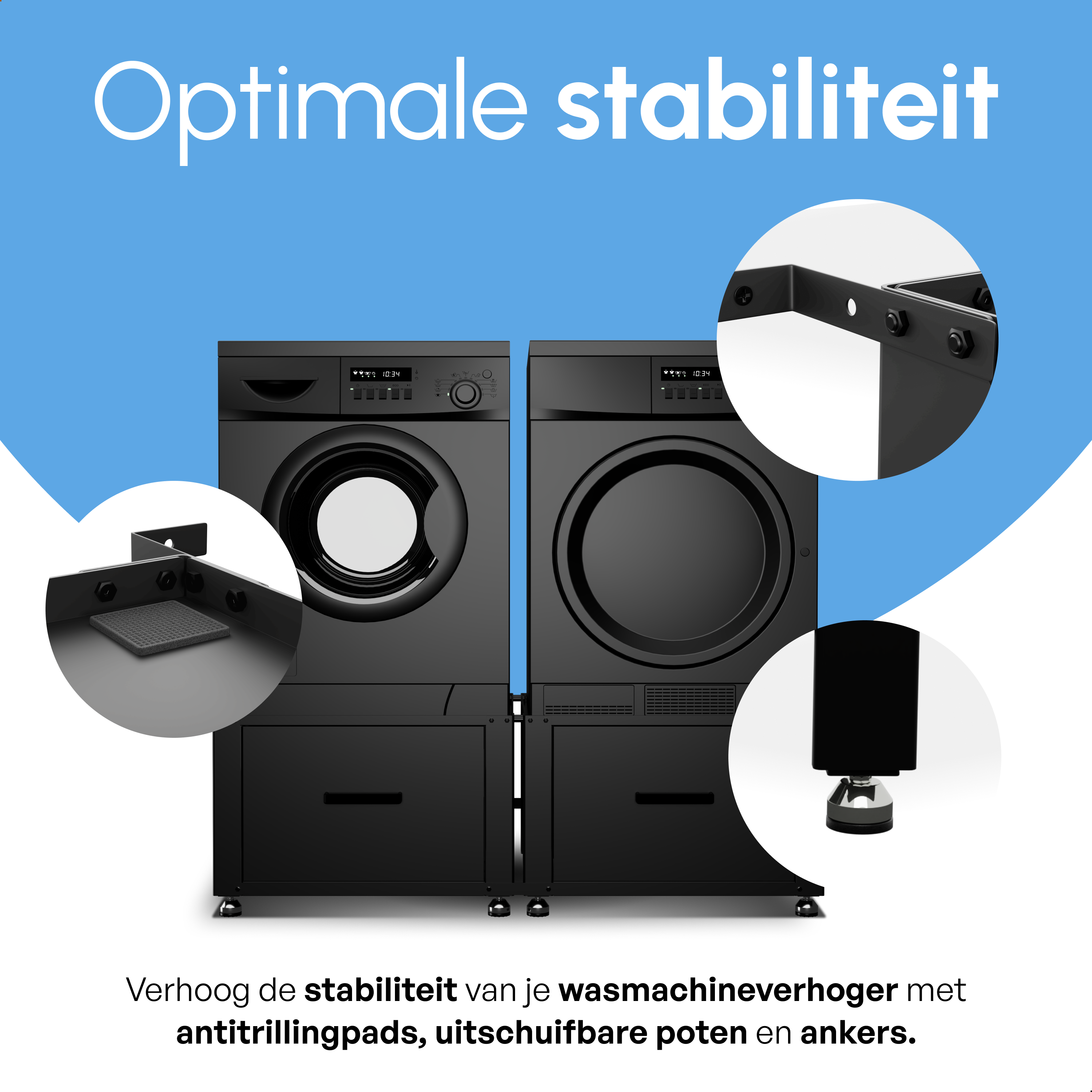 Wasmachine Verhoger - Dubbel - Kast - Ombouw met Lade - Zwart - 124x58x44-48cm