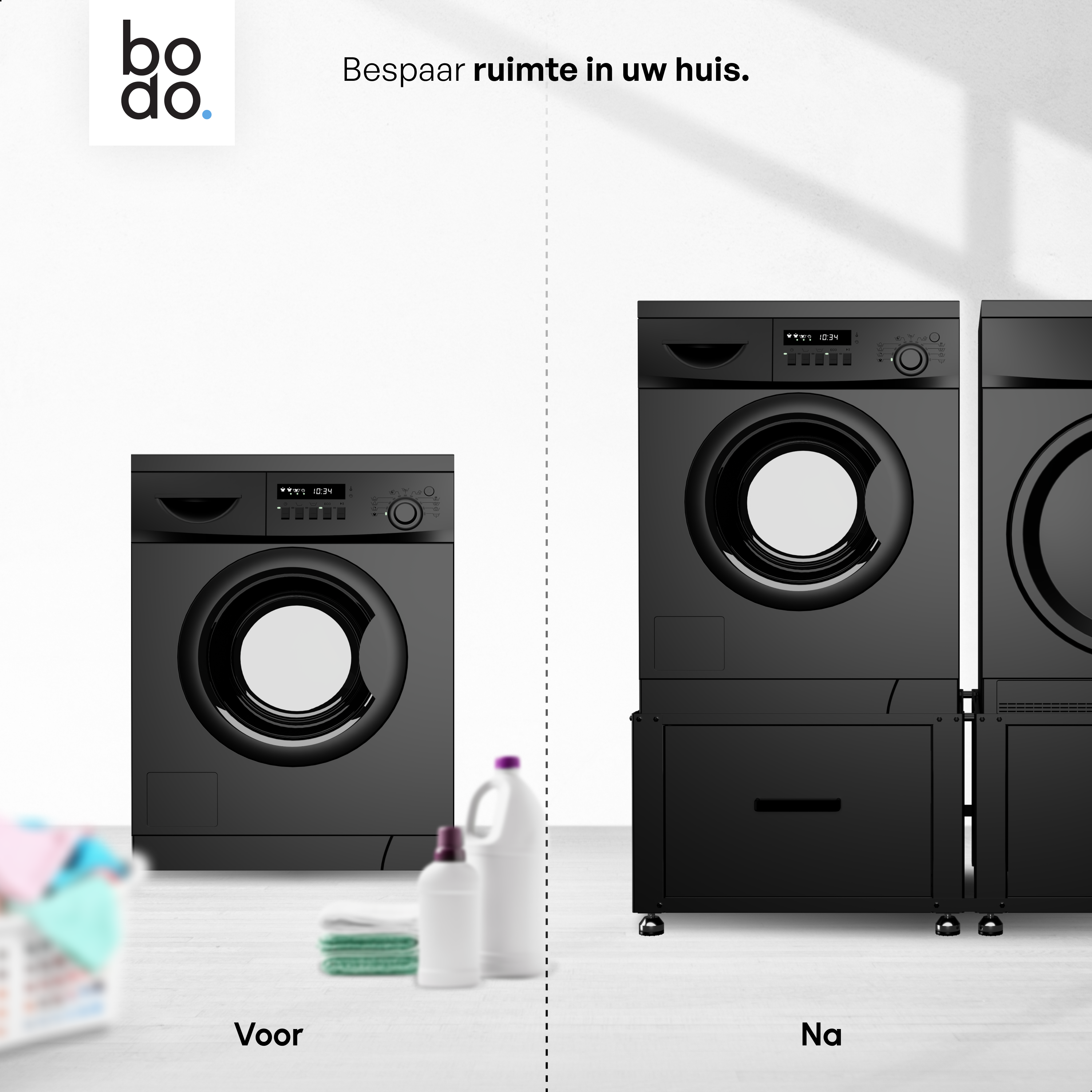 Wasmachine Verhoger - Dubbel - Kast - Ombouw met Lade - Zwart - 124x58x44-48cm