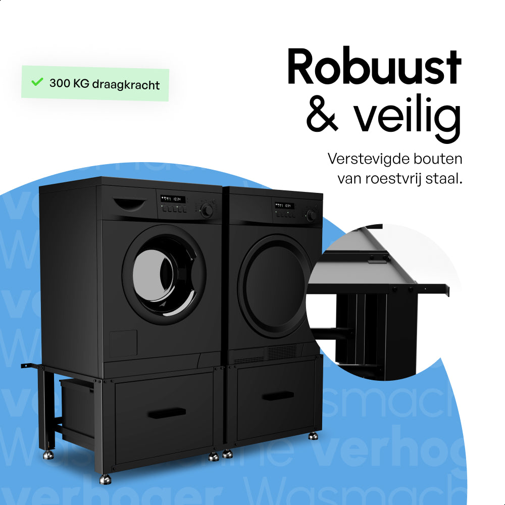 Wasmachine Verhoger - Dubbel - Kast - Ombouw met Lade - Zwart - 124x58x44-48cm