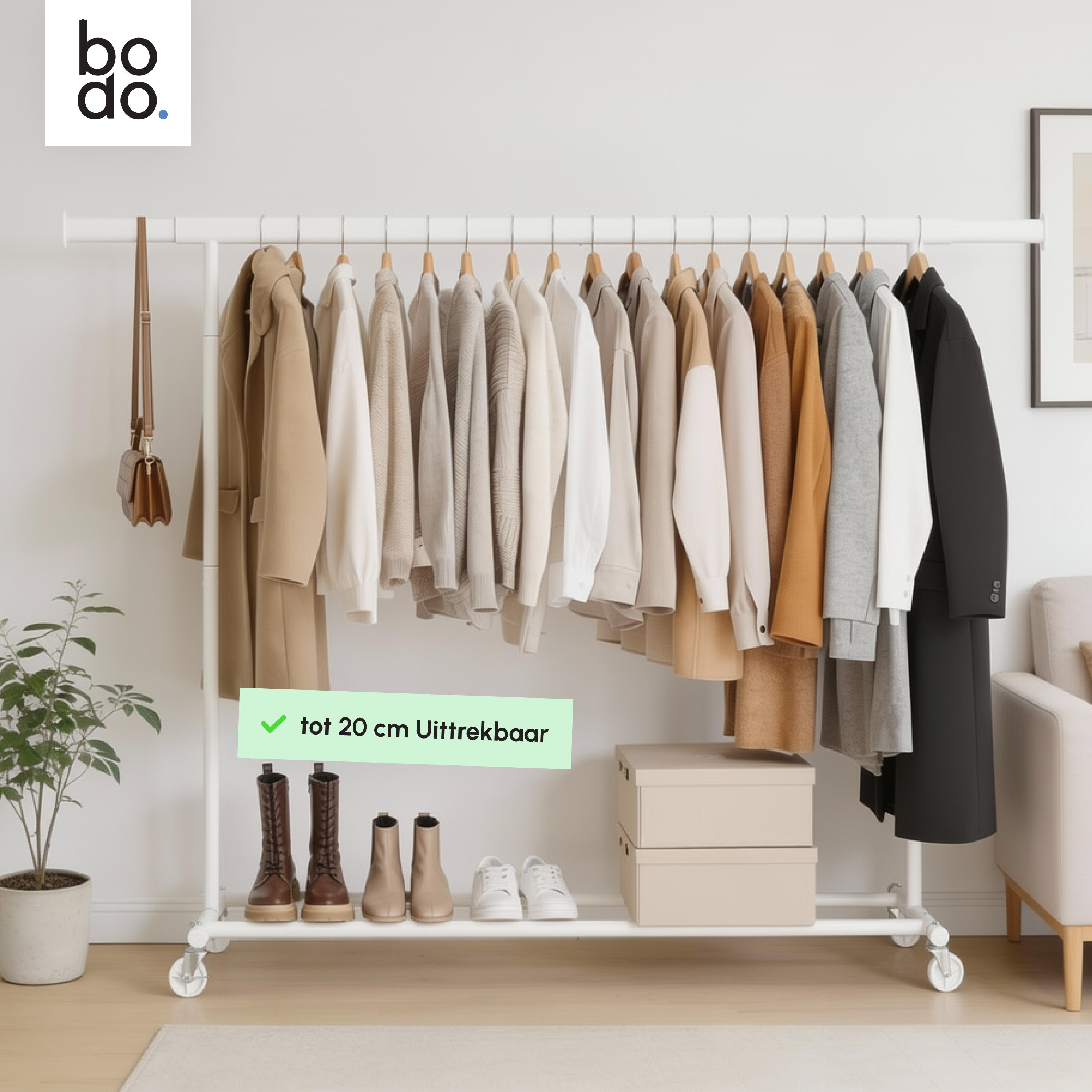Kledingrek op Wieltjes - Opbergruimte - Extra Brede Kledingstang - Wit