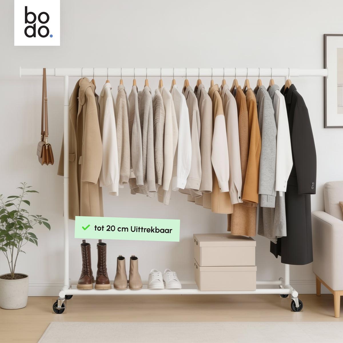 Kledingrek op Wieltjes - Opbergruimte - Extra Brede Kledingstang - Wit