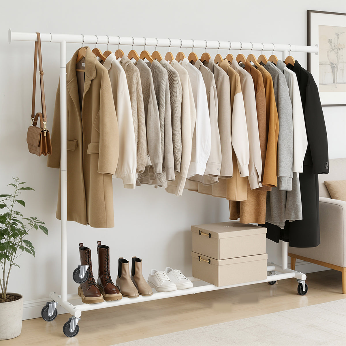 Kledingrek op Wieltjes - Opbergruimte - Extra Brede Kledingstang - Wit