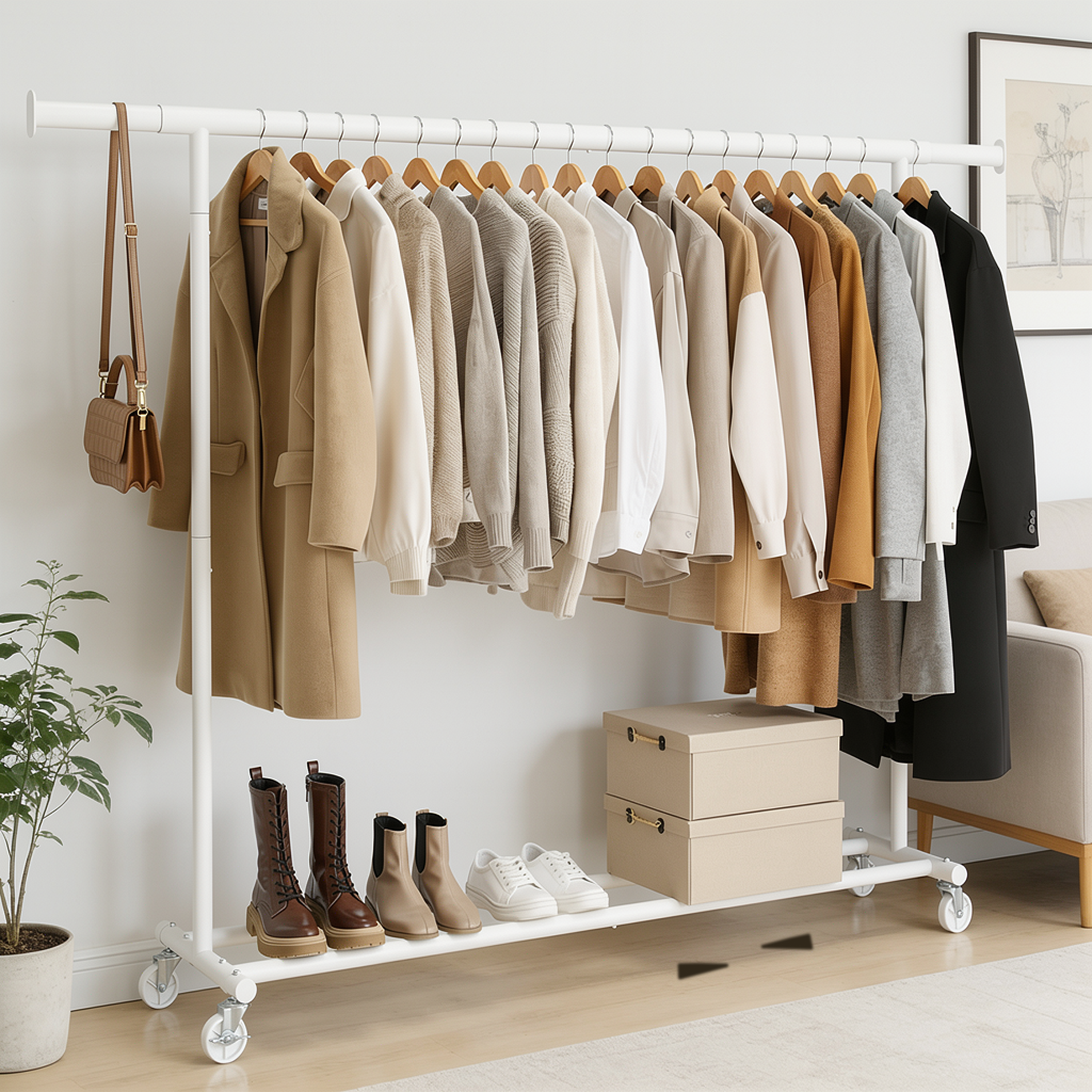 Kledingrek op Wieltjes - Opbergruimte - Extra Brede Kledingstang - Wit