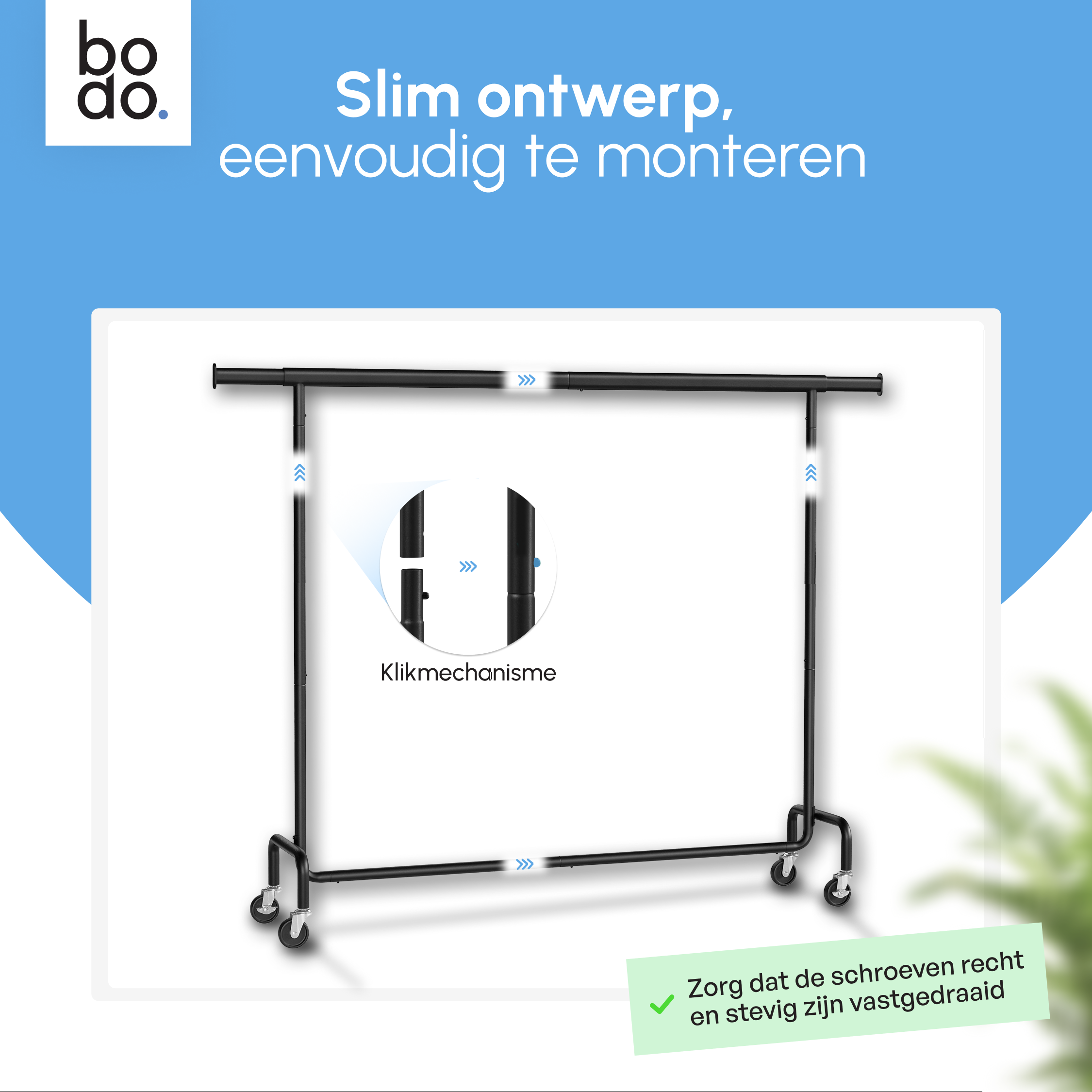 Kledingrek op Wieltjes - Extra Breed - Stalen Kledingstang - Zwart