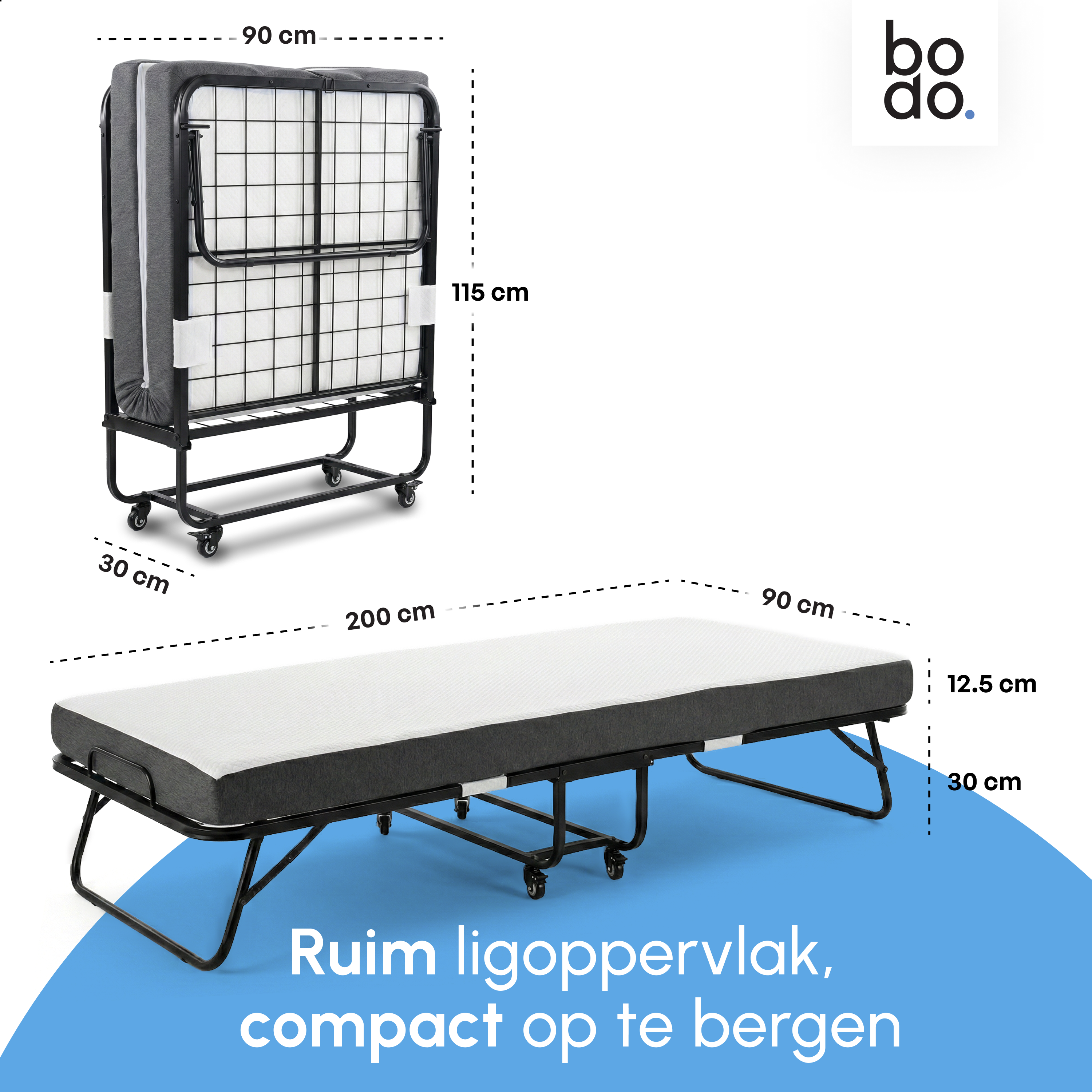 Logeerbed 90×200 met Matras - Vouwbed - Luxe - 250 kg - Zwart