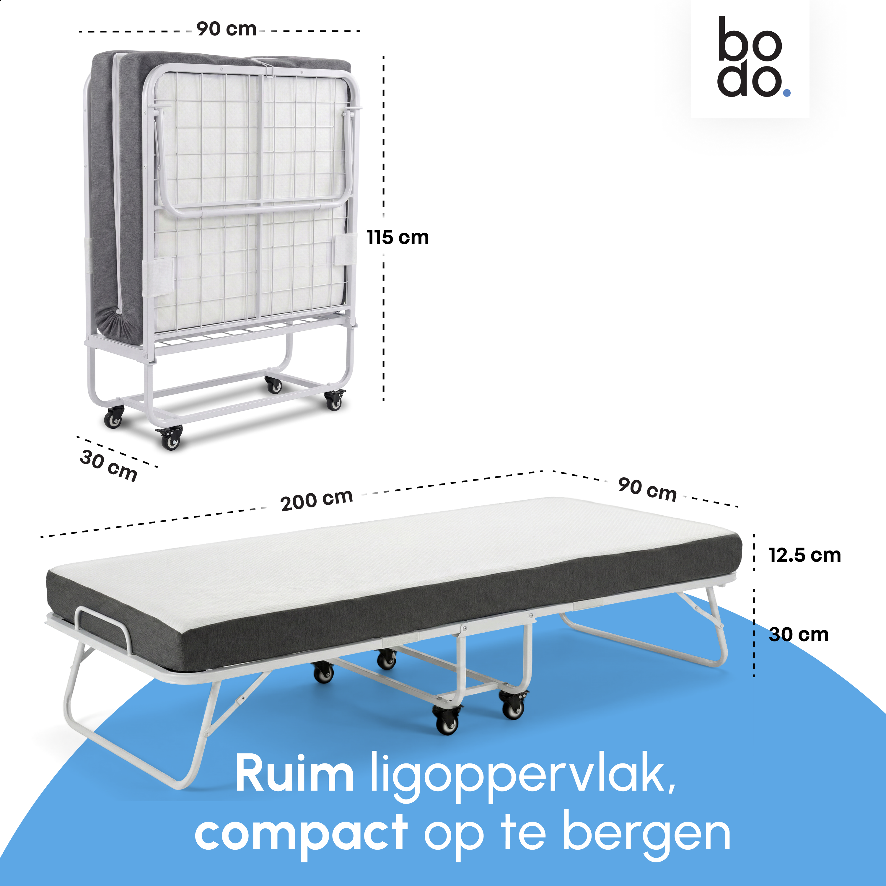 Logeerbed 90×200 met Matras - Vouwbed - Luxe - tot 250 kg - Wit