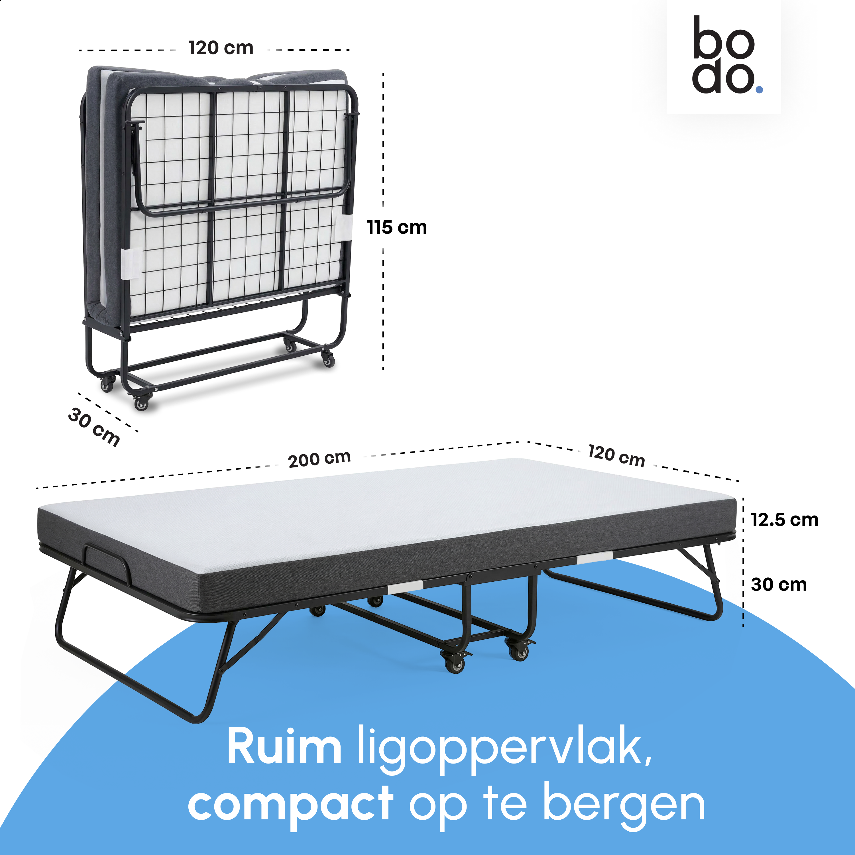 Logeerbed 120×200 met Matras - Vouwbed - Luxe - Tot 250 kg - Zwart