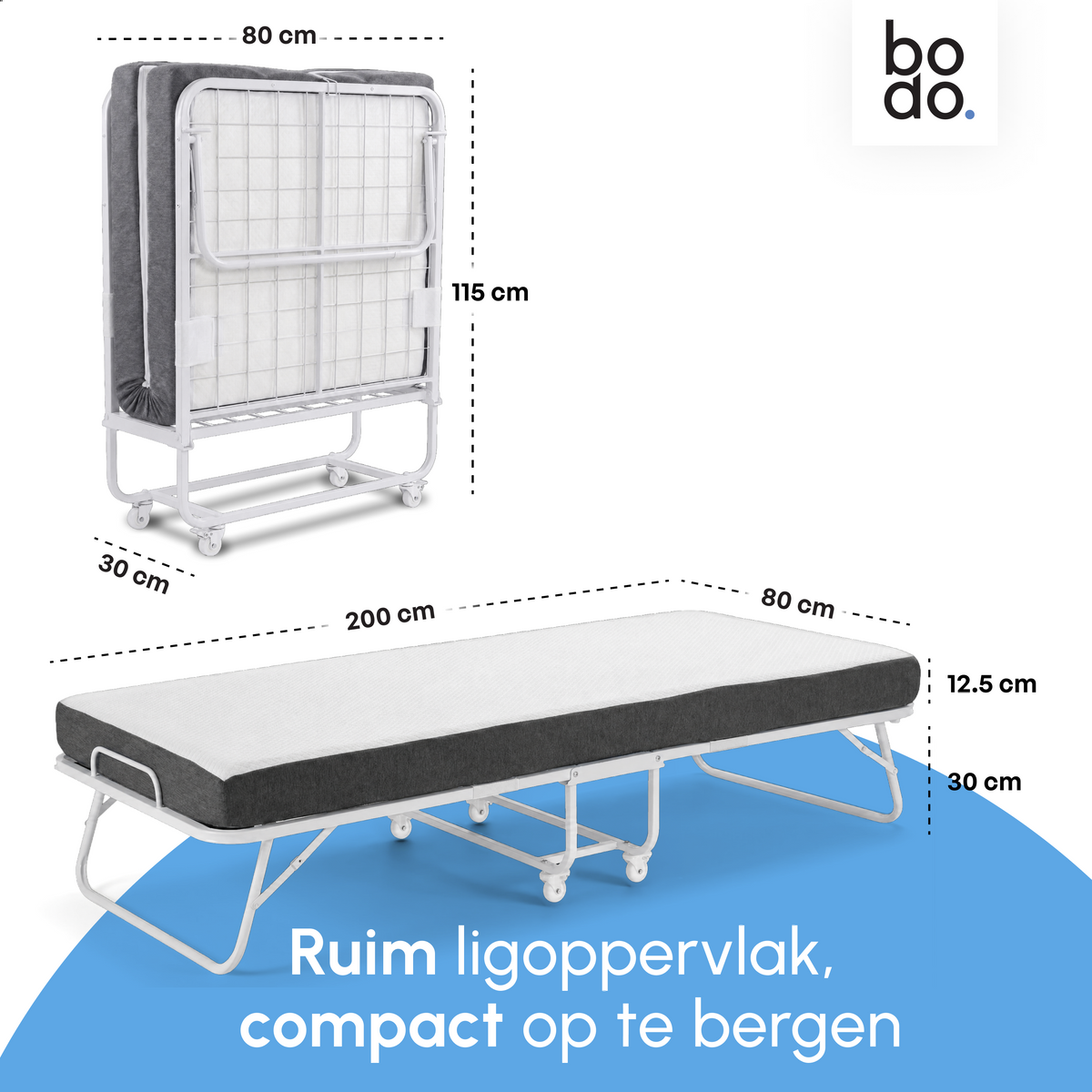 Logeerbed 80×200 met Matras - Vouwbed - Luxe - 250 kg - Wit
