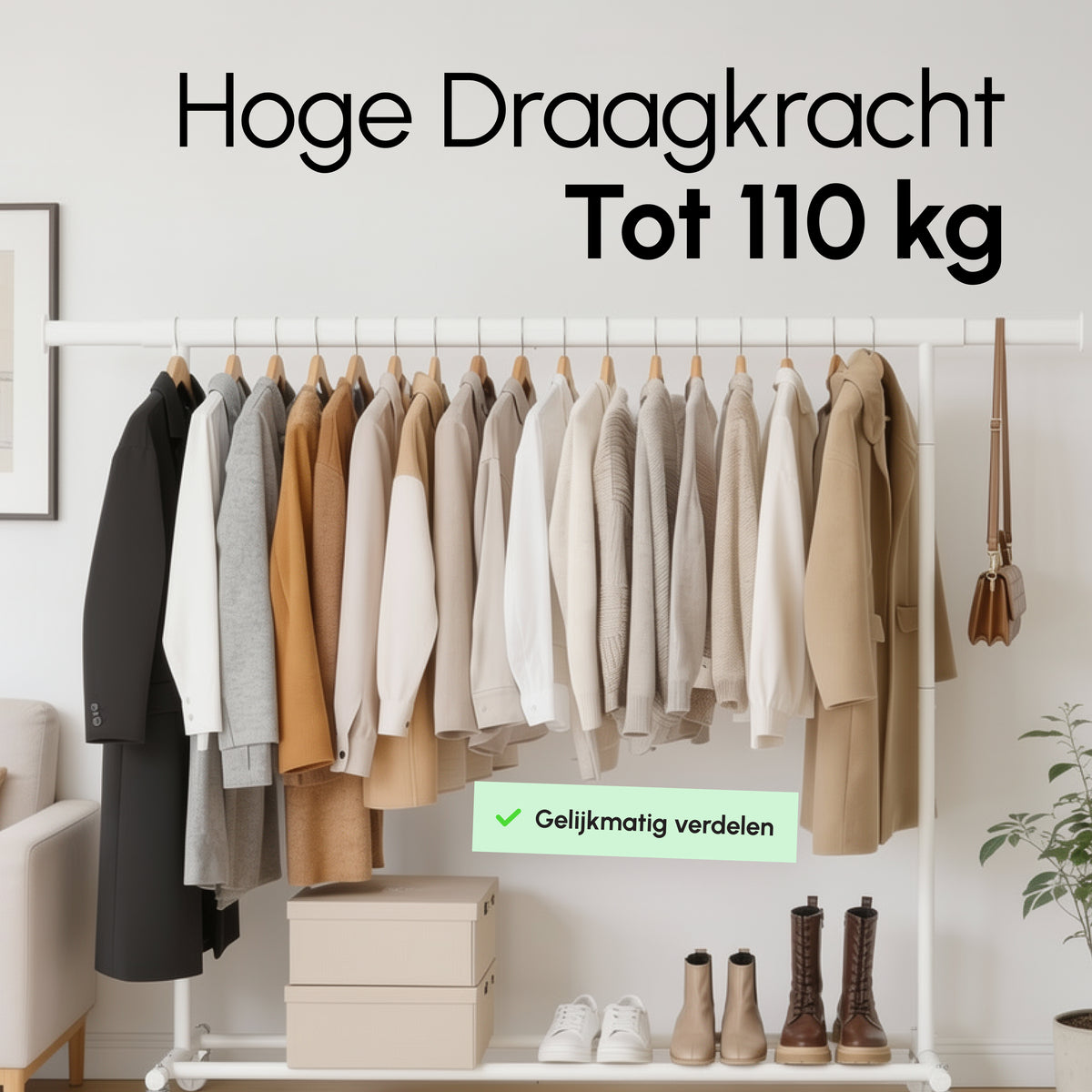 Kledingrek op Wieltjes - Opbergruimte - Extra Brede Kledingstang - Wit