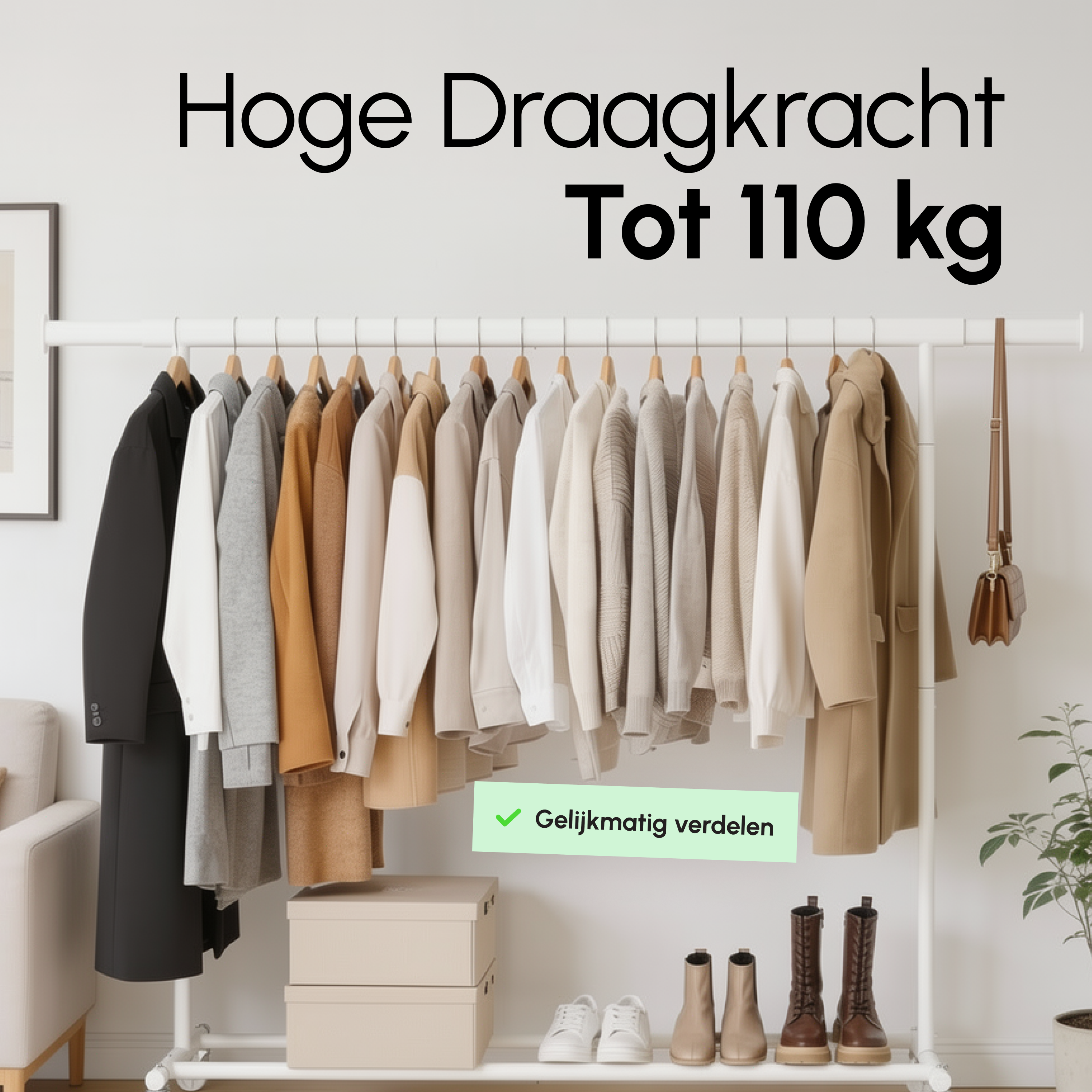 Kledingrek op Wieltjes - Opbergruimte - Extra Brede Kledingstang - Wit