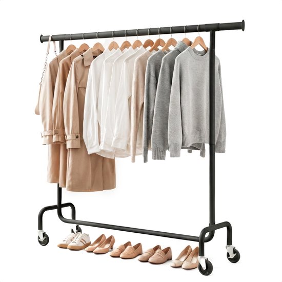 Kledingrek op Wieltjes - Stalen Kledingstang - 130 kg - Zwart