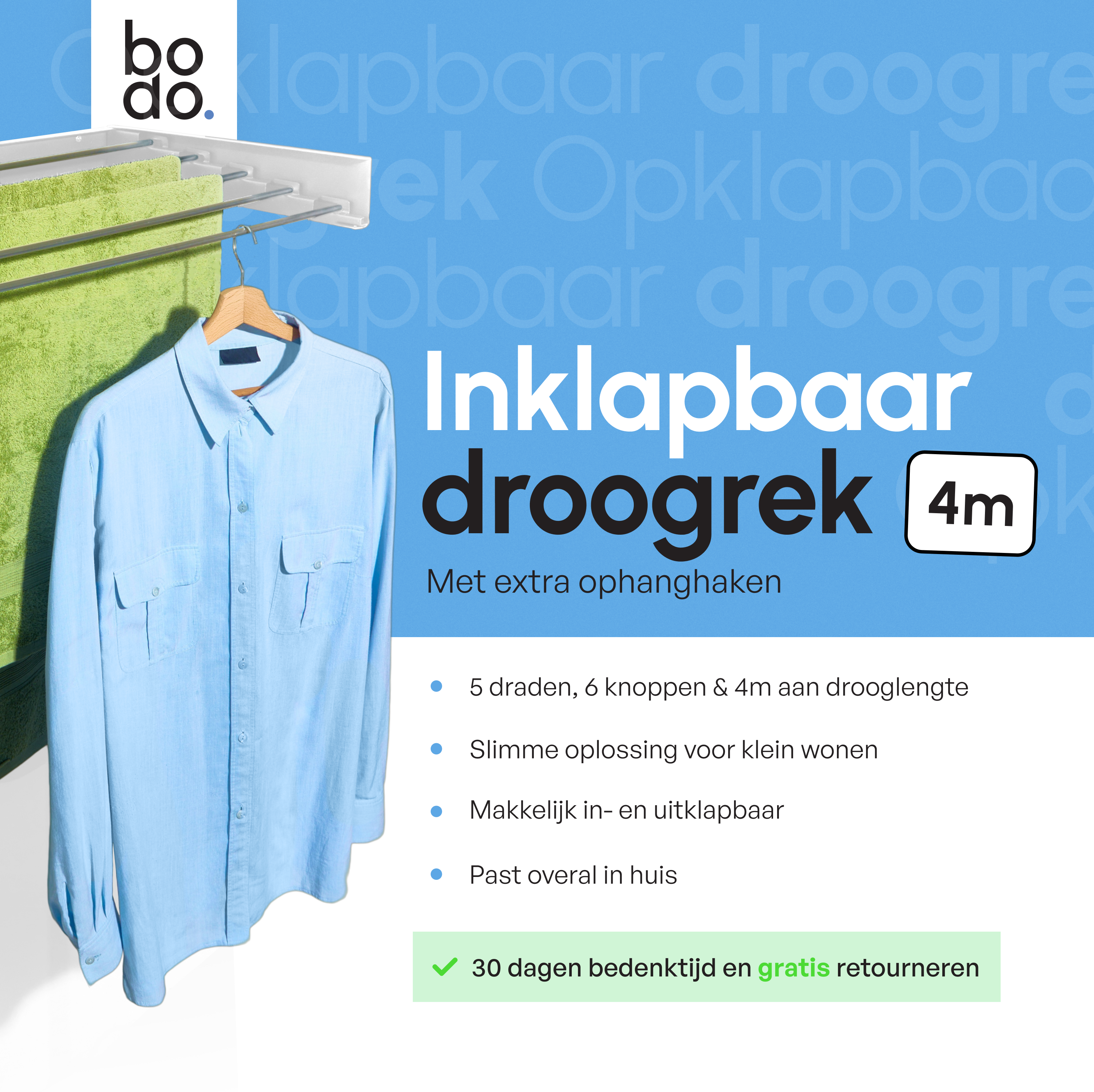 In - en uitklapbaar droogrek met Ophanghaken - Wit - 80cm - 4m Drooglengte