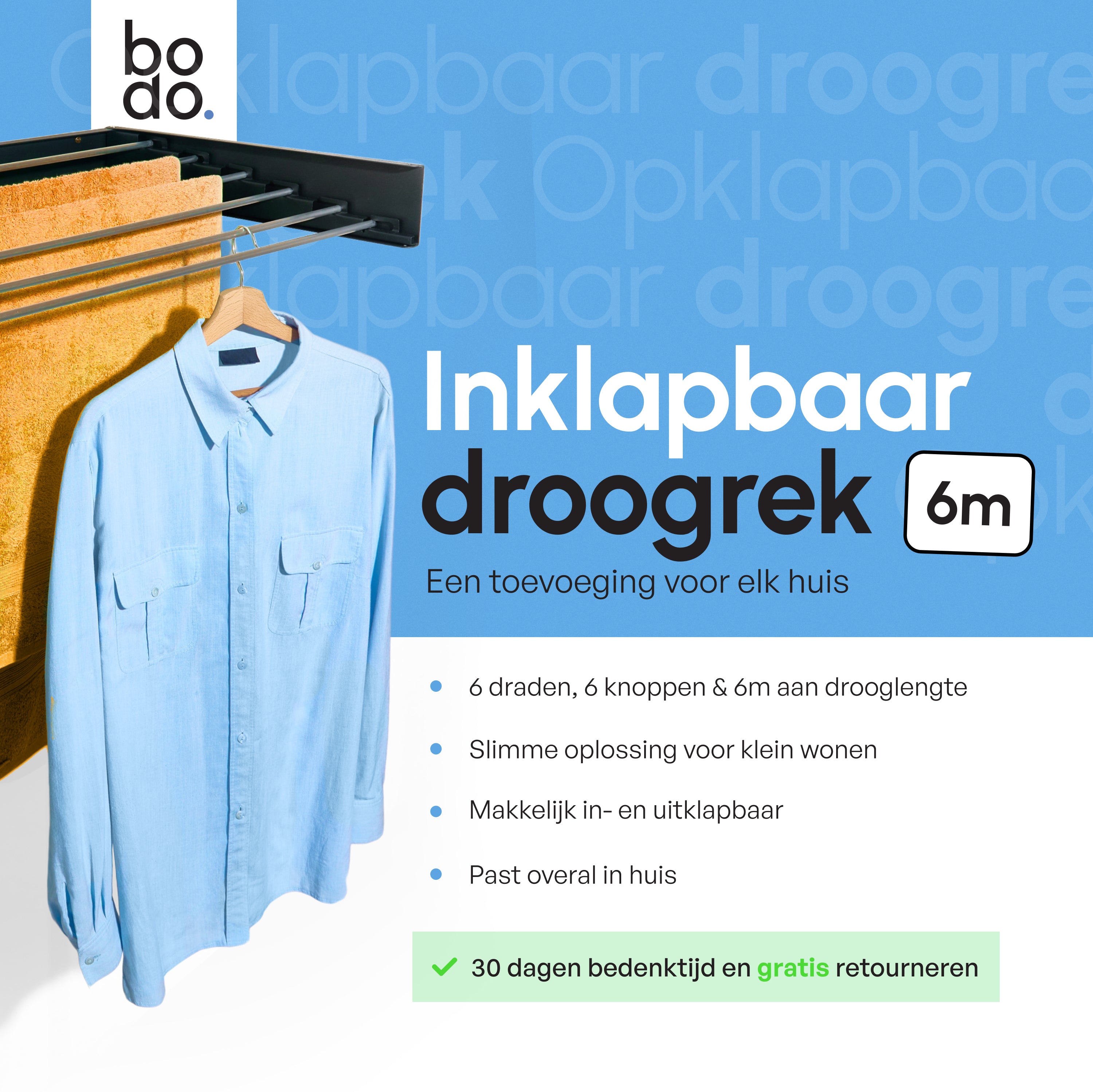 In - en uitklapbaar droogrek met Ophanghaken - Zwart - 6m Drooglengte