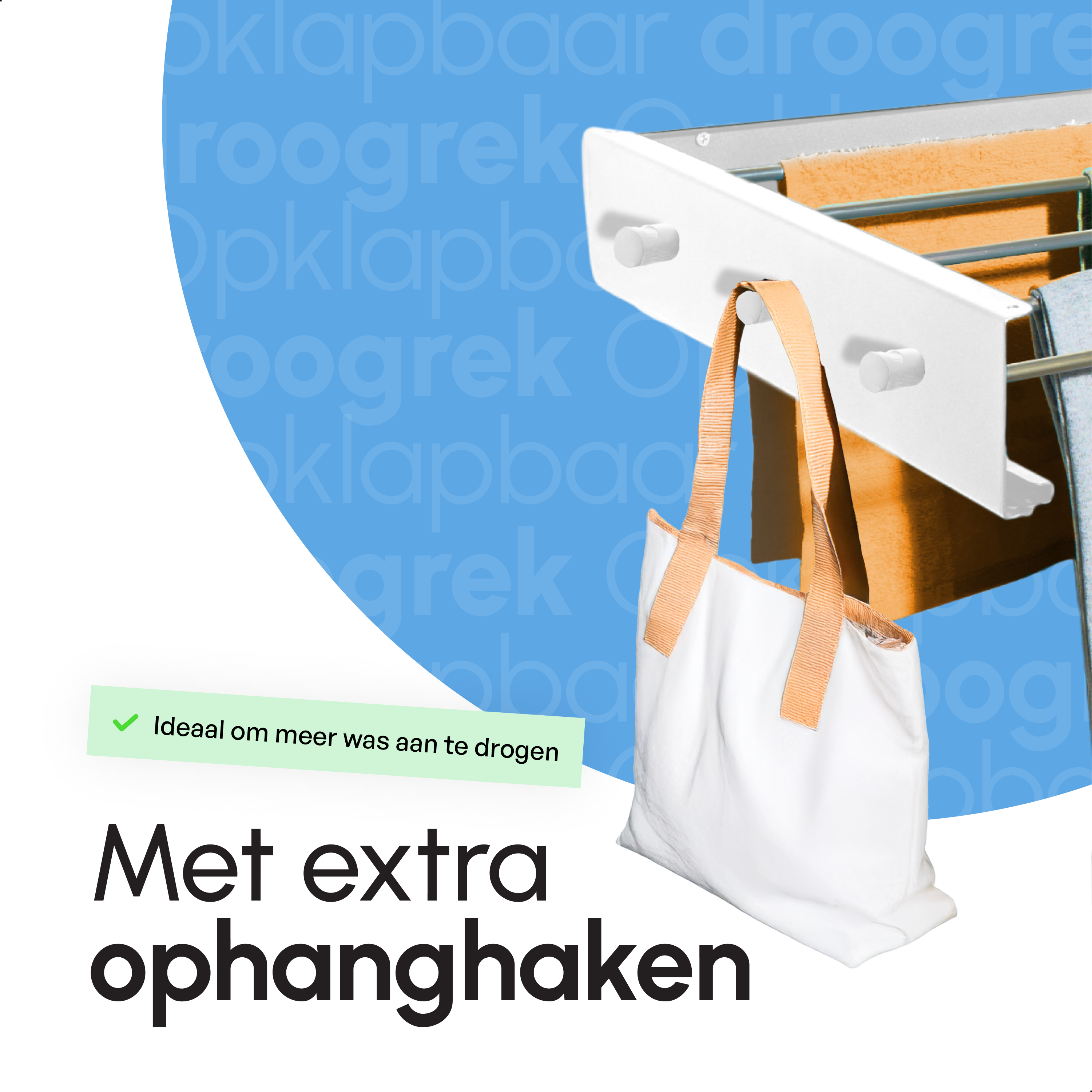 In - en uitklapbaar droogrek met Ophanghaken - Wit - 80cm - 4m Drooglengte